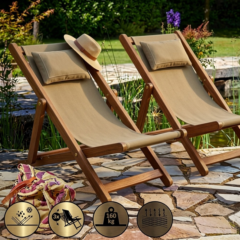 TEMU en bois aux intempéries, pliable, réglable, de poids 160 kg, avec accoudoirs et oreiller de nuque, pour jardin et balcon, acacia, 94x94x60cm