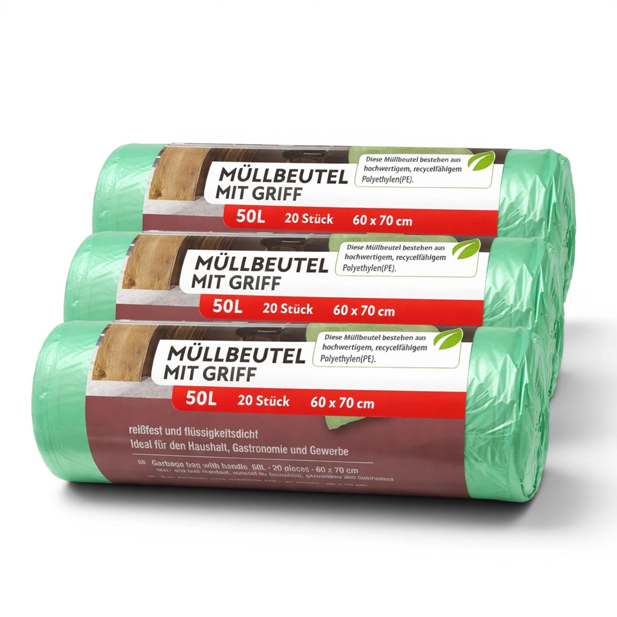 Image of 60 Trash Bags With Handles - 50 - 3-pack (3 X 20 Bags) - Ideal For Household, Catering, And Commercial Use
