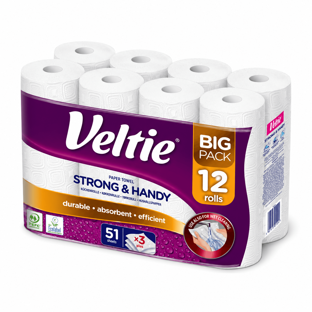 Veltie Kitchen Rolls 12 Rolls, 3-layer, 612 Sheets Total, Absorbent & Tear-resistant, Xxl Storage Pack