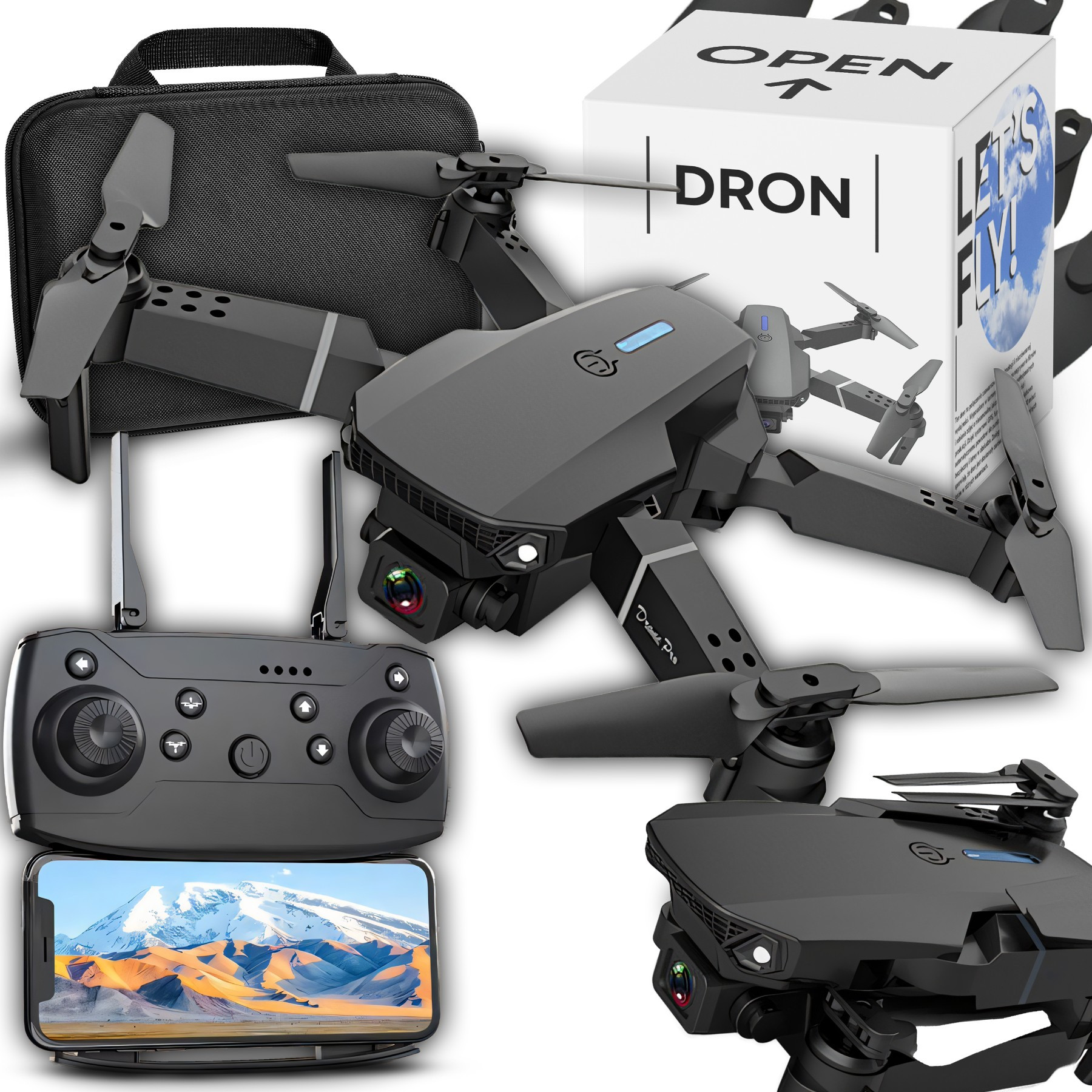 Drone Pro With 2 Cameras, Wlan Hd Fpv, Foldable, Remote Control, 3 Batteries, Bag, And App