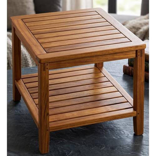 immagine dell'articolo tavolino da giardino in legno con 2 ripiani portaoggetti, capacità di carico 80kg, tavolino da balcone da giardino 45x45cm, mobili da giardino acacia