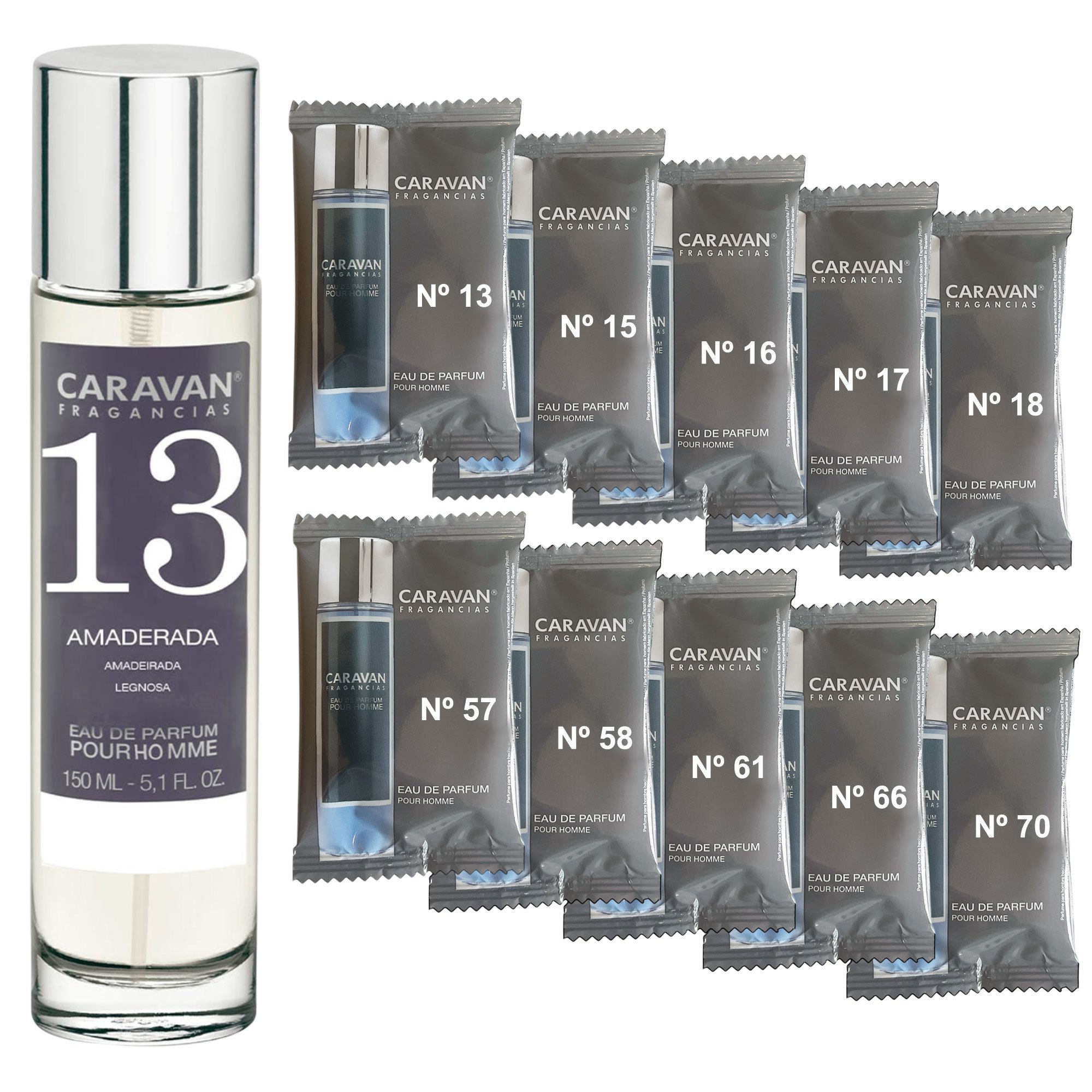 TEMU Perfume Hombre Caravan 150 ml Nº61 + Set 10 Viales de Masculinas Variadas | Amaderado y Duradero para Regalo y Descubrir Nuevos Perfumes