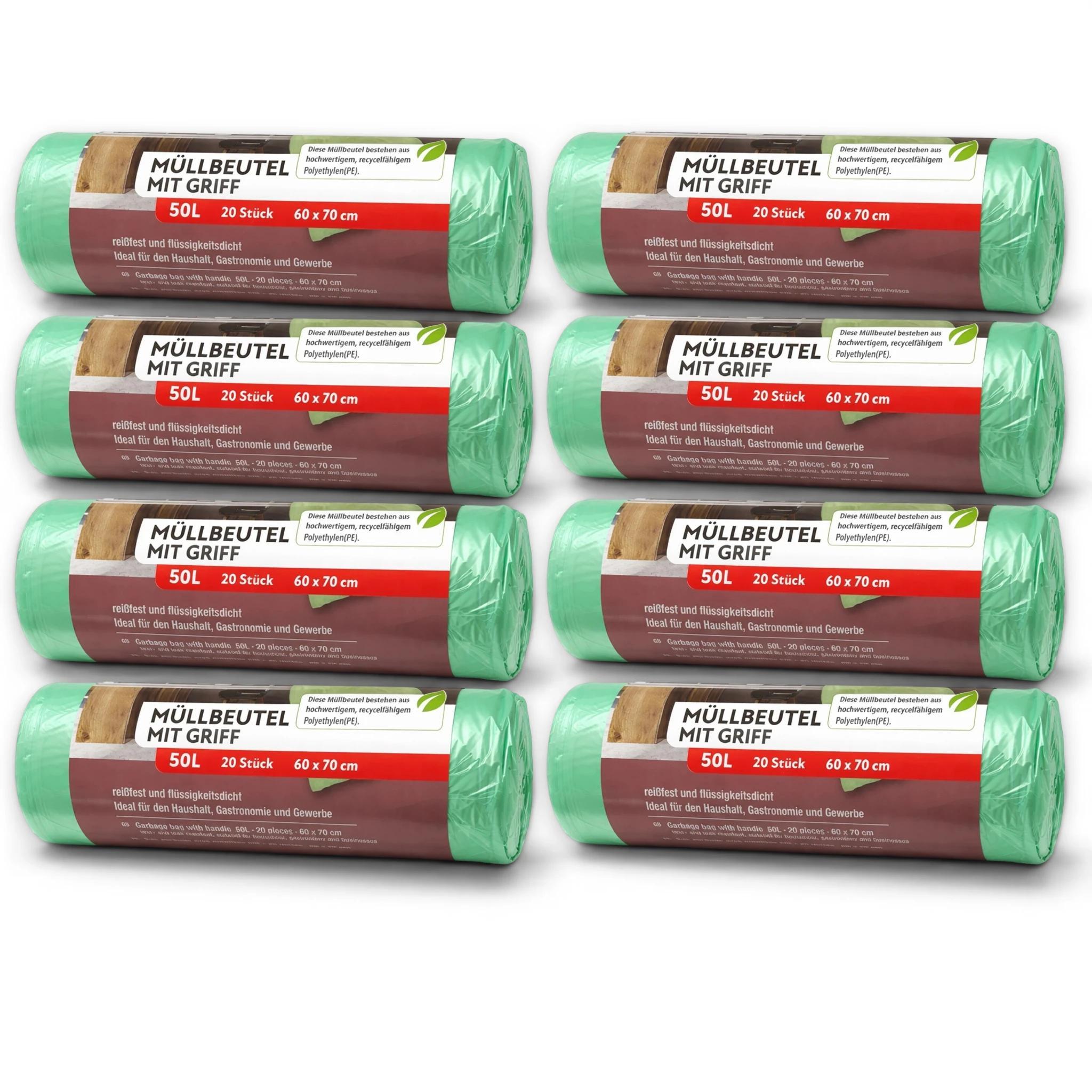 160 Trash Bags With Handles - 50 - 8-pack (8 X 20 Bags) - Ideal For Household, Catering, And Commercial Use