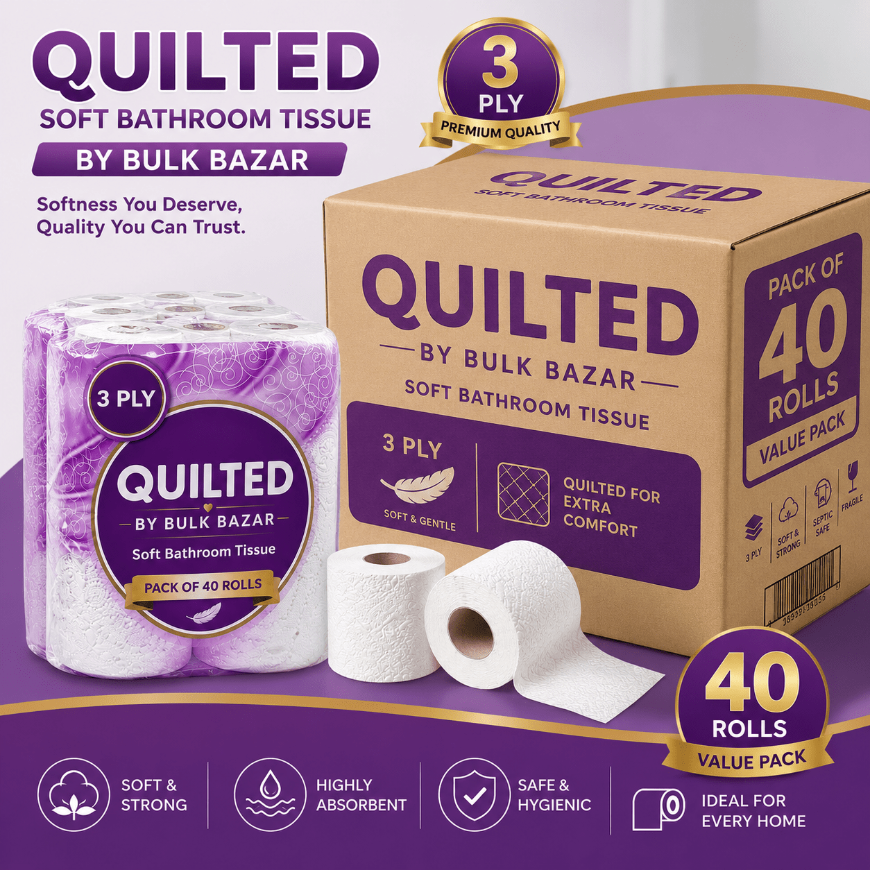 TEMU 40 Rolls 3-ply Quilted Toilet Tissue Paper | Soft Strong Bathroom Tissue | Premium Embossed Toilet Rolls | Assorted Packaging Designs May
