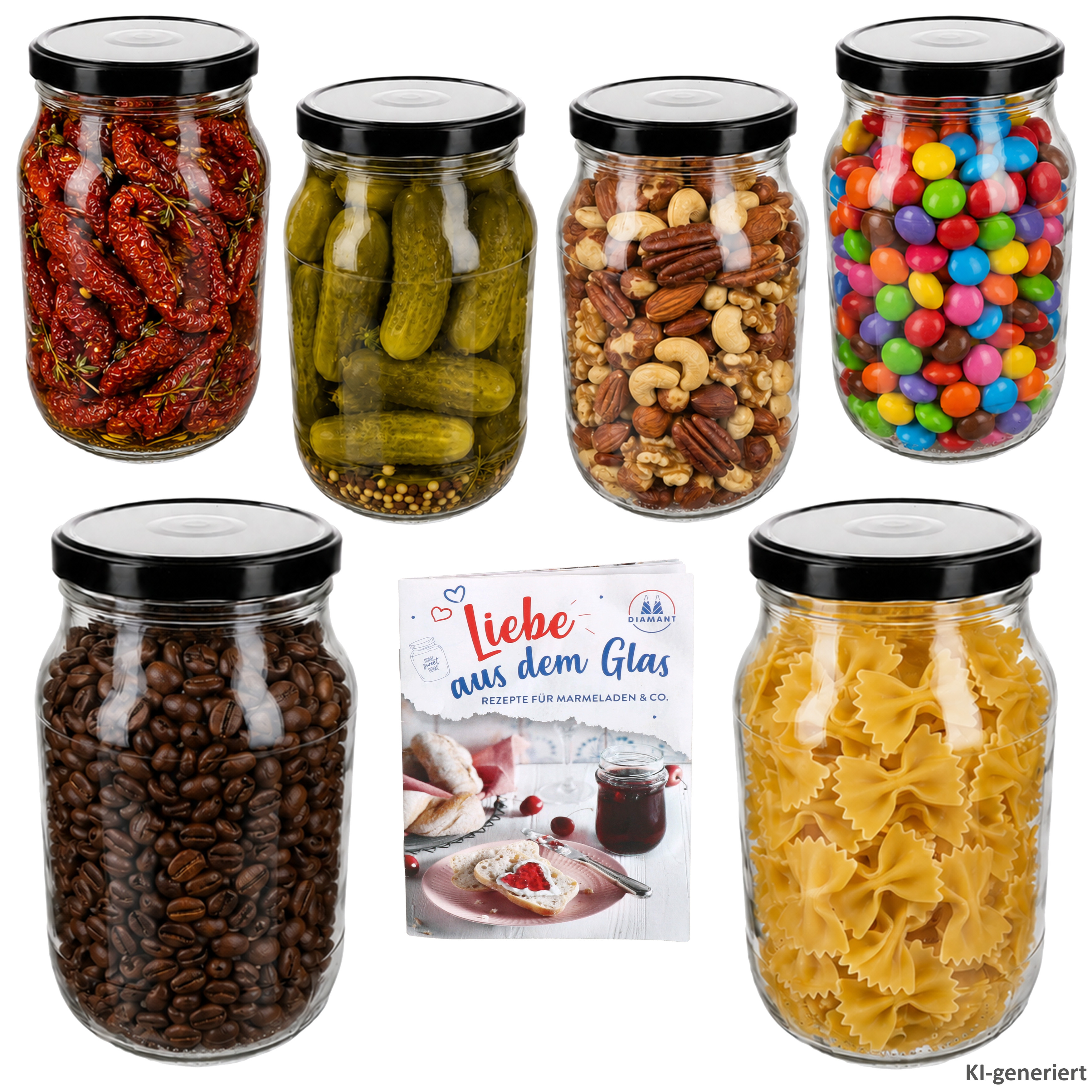Image of 6pcs Set Of 1.7l Canning Jars With To 100 Lid In Black & Transparent Recipe Book Glass Storage Jars For Preserving, Canning, Fermenting