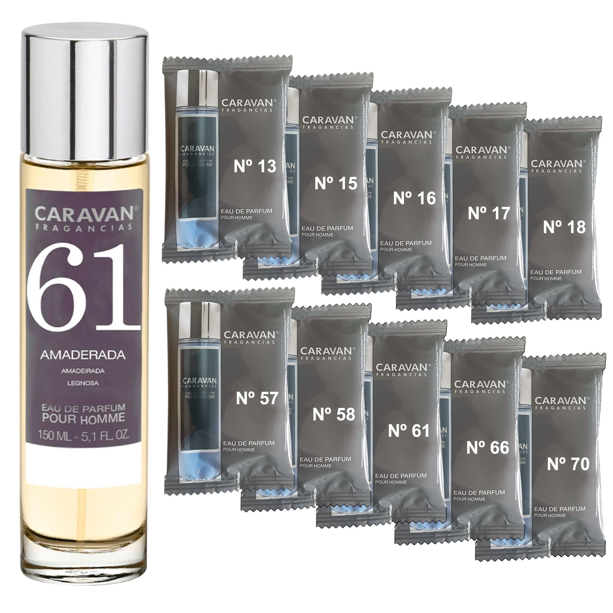TEMU Perfume Hombre Caravan 150 ml Nº61 + Set 10 Viales de Masculinas Variadas | Amaderado y Duradero para Regalo y Descubrir Nuevos Perfumes