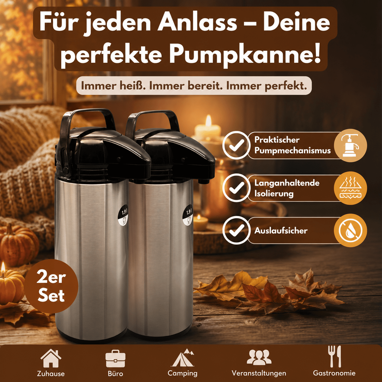 Image of Pump Jug 2-piece Set, 1.9l Insulated Carafe, , Insulated Coffee Pot, Gastro Coffee Dispenser, Stainless Steel With Glass Insert, Beverage Dispenser For Business Or Office