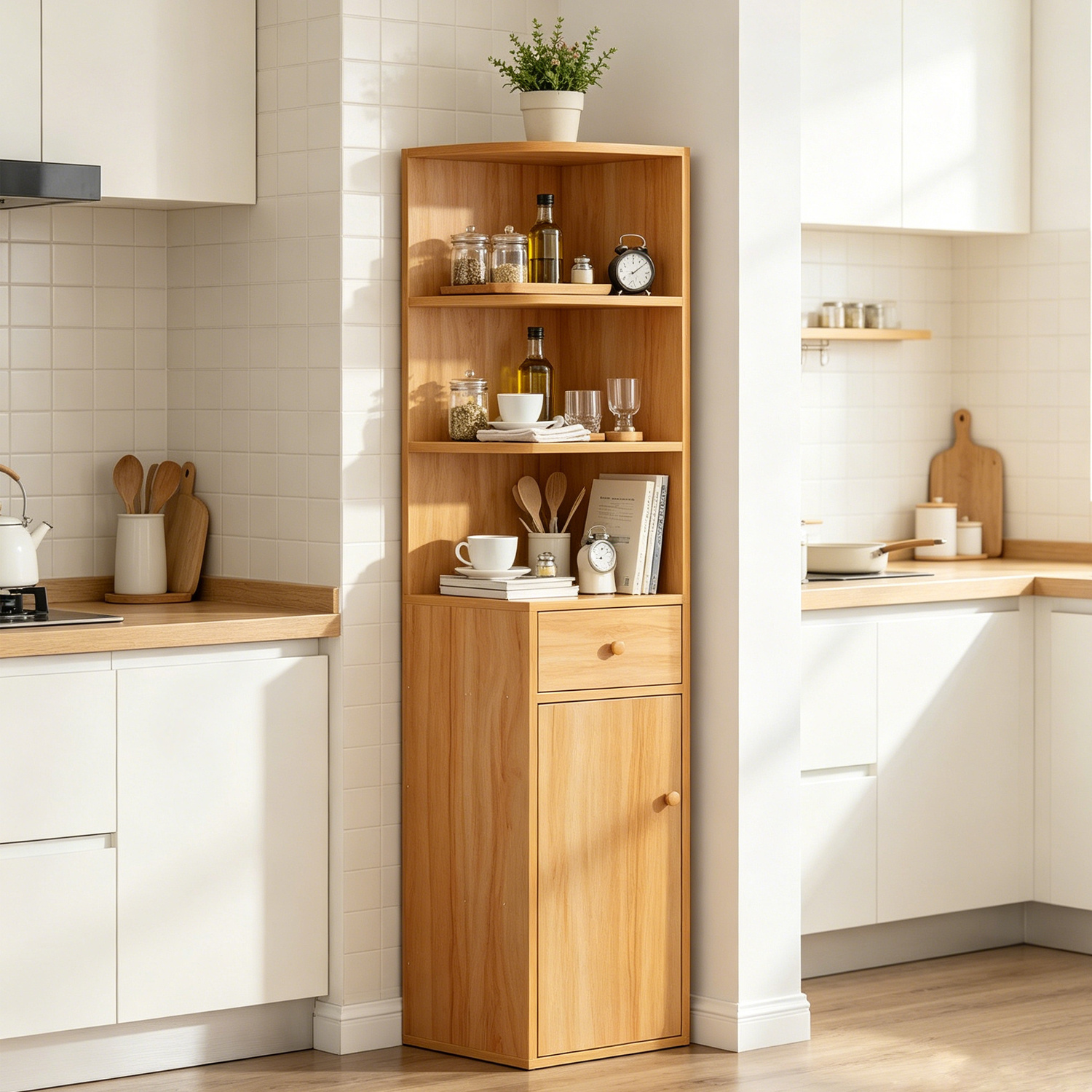 Image of Corner Bookcase Display Storage Cabinet 3 Tier Wooden Corner Shelving Unit With Drawers And Cabinet For Living Room Bedroom Office Bathroom 150 X 30 X 30 Cm H X L X W