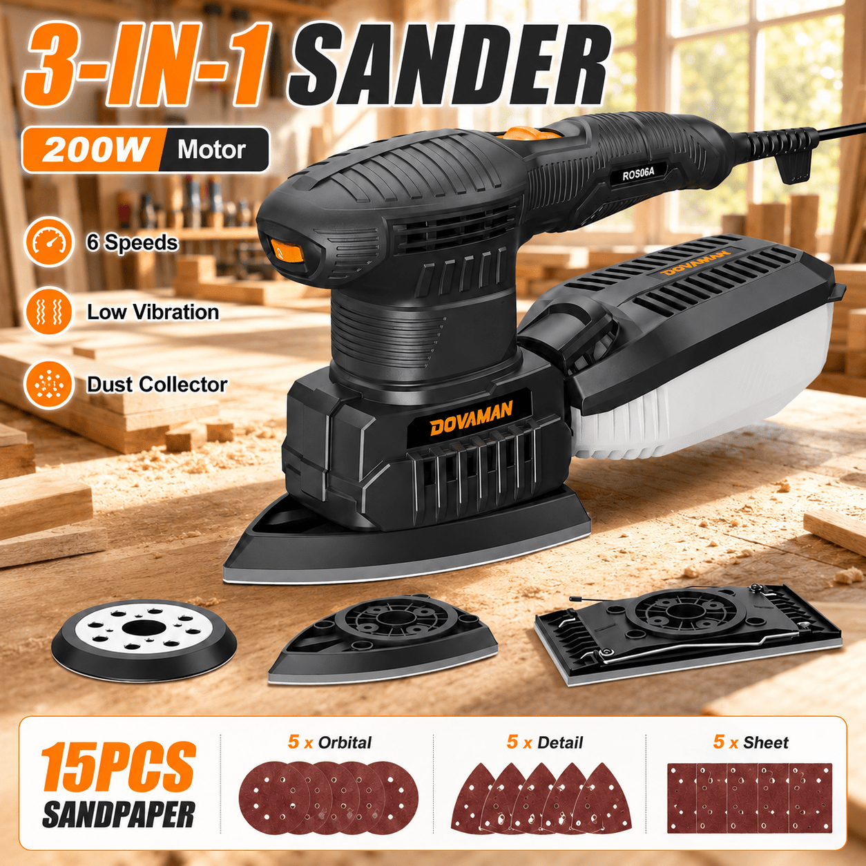 Image of Dovaman 200w 3-in-1 Sander - Orbital, Sheet & Detail With 6 , 15 Sandpaper, Low Vibration, Dust Collector For Wood & Metal Surfaces