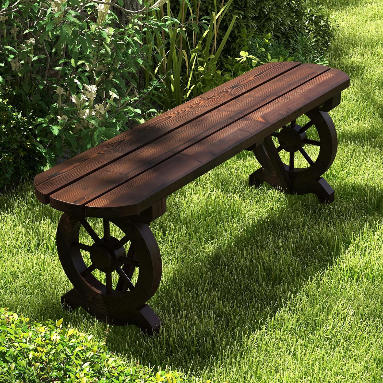Image of Outdoor Garden Bench For 2 People, Wood Patio Bench With Slatted Seats And Wheel-shaped Base