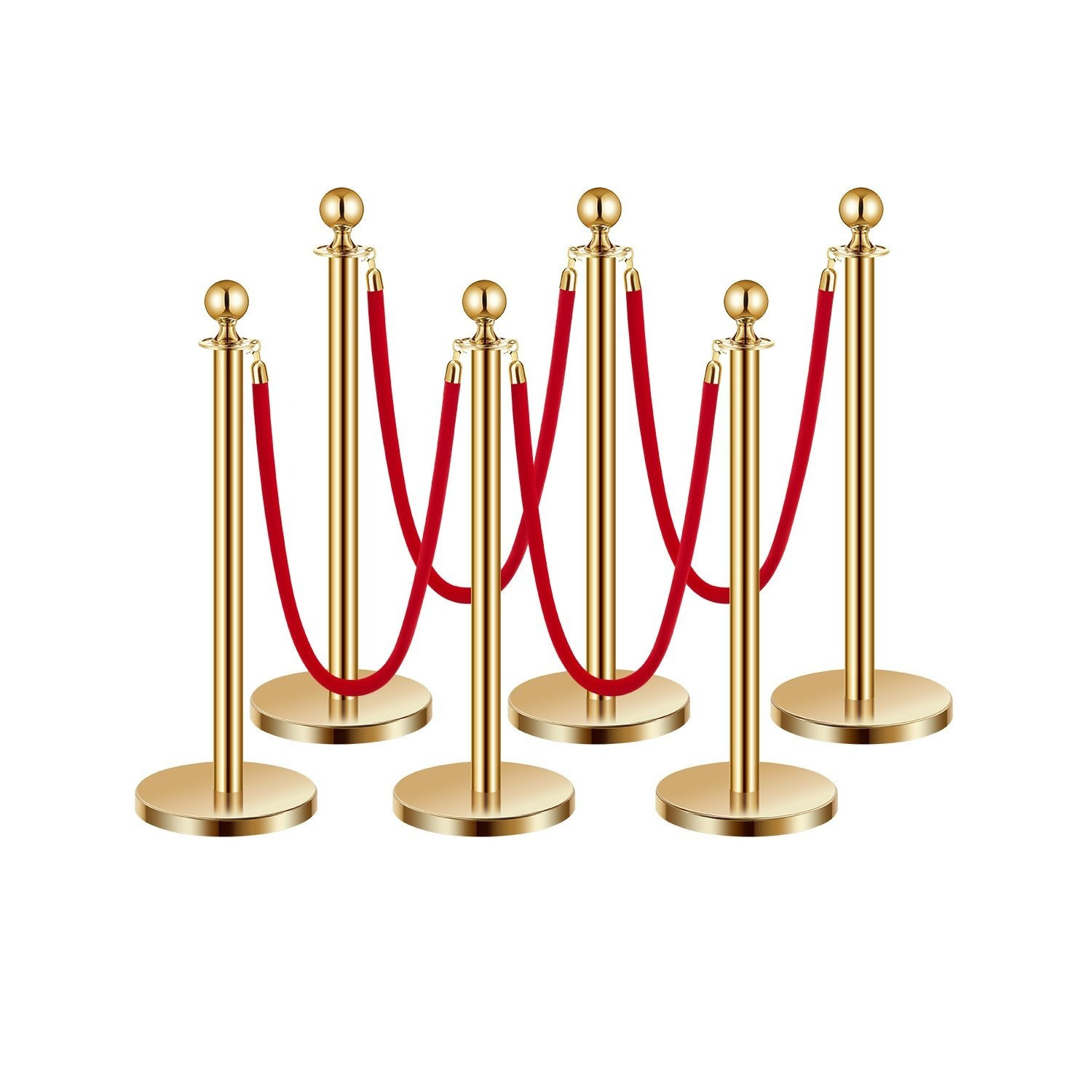 Image of Vevor Post, 6 Pcs Barrier Set With 4 Red Velvet Ropes, 5 Ft Stainless Steel Gold Post Queue With Sand Injection Hollow Base For Theater, Party, Wedding, Exhibition