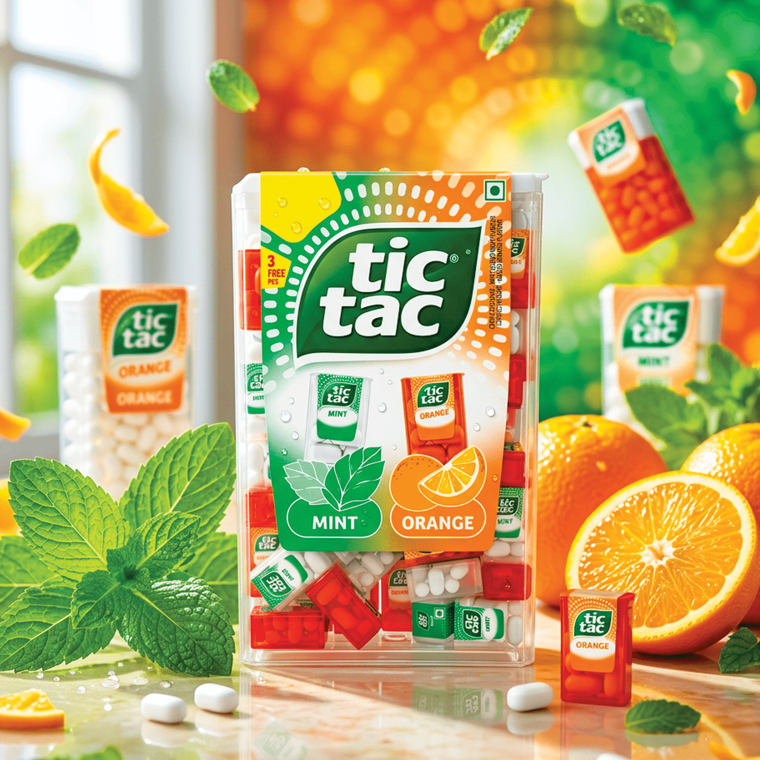 Image of 75x Mini Tic Tac Mint & Orange - 75 Mini Packs Of Sugar Dragees With Mint And Orange Flavor - Large Pack 255g