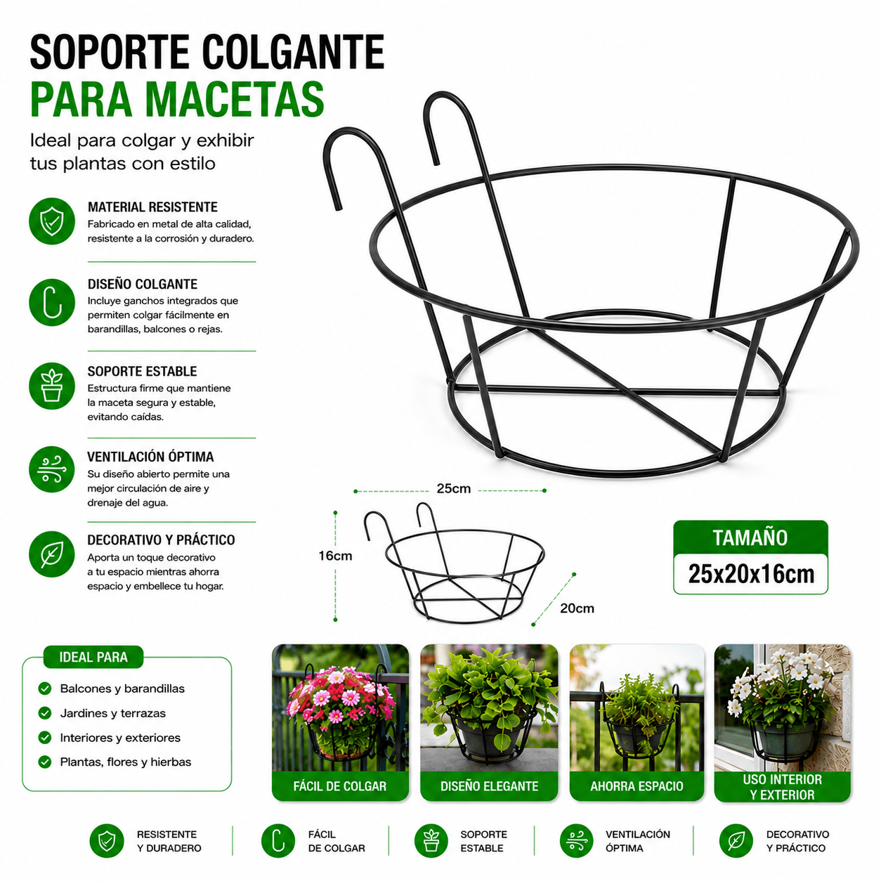 TEMU Soporte de flores de metal negro , flores soporte de flores colgante barandilla almacenamiento, estante de hierro pothos , de pared colgante