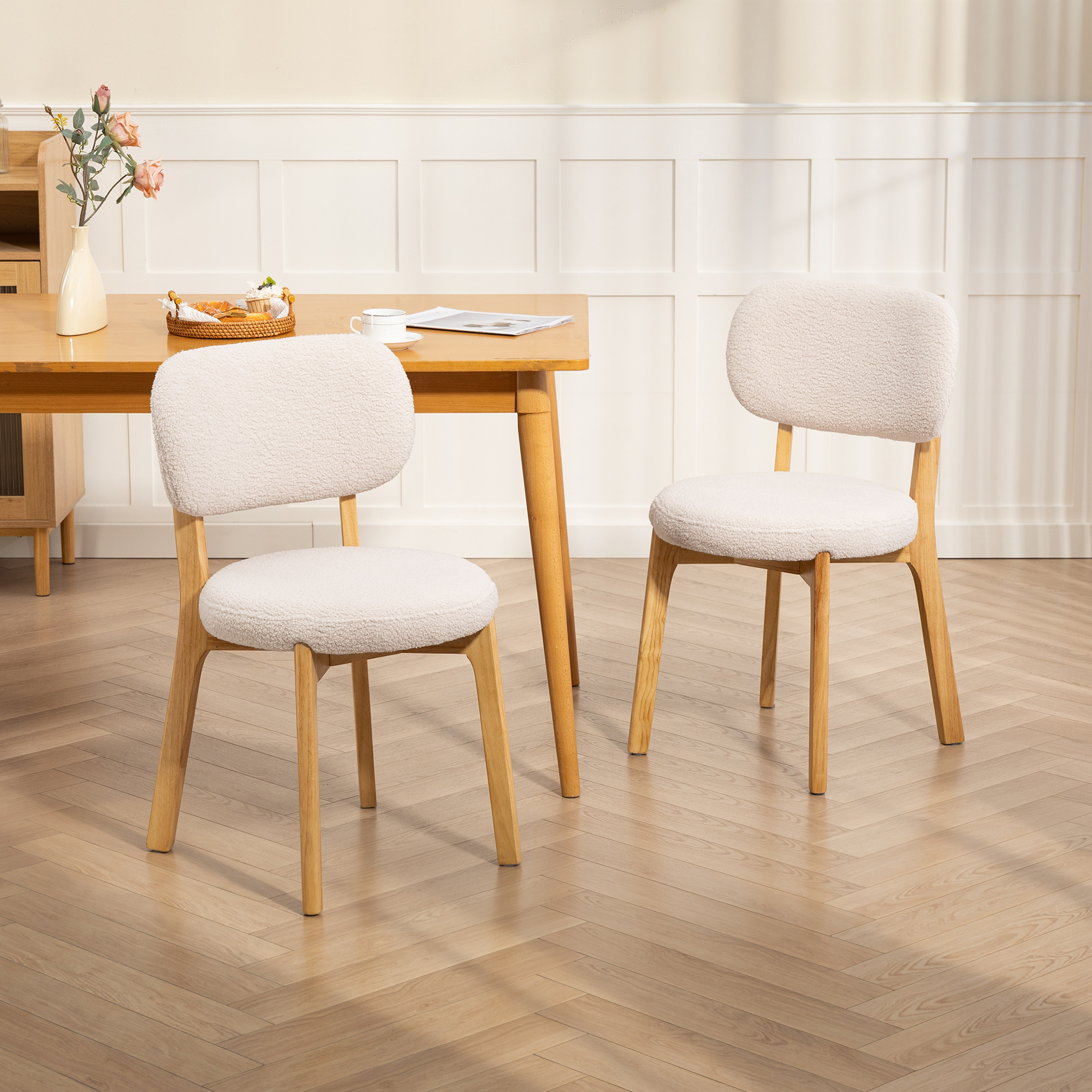 Image of Dining Room Chairs 2pcs Set, Kitchen Chair With Wide Seat, Curved Backrest And Wooden Legs, Upholstered Chair With Bouclé Optics, For Living Room, Dining Room, Cream.