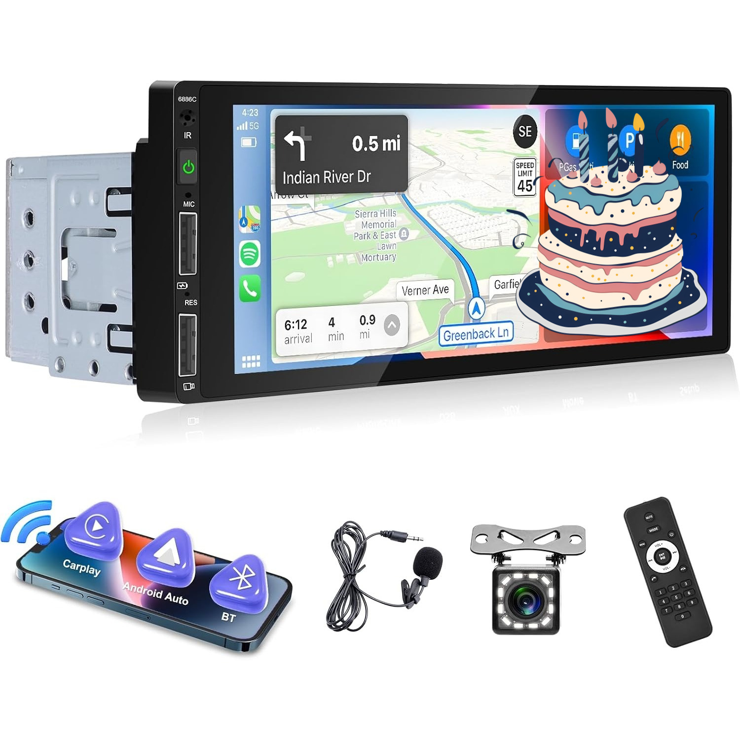 Carplay Auto Single Din Car Stereo 6.86" Touchscreen Car Radio \t 5.0 Fm Radio Reverse Camera Steering Wheel Control Remote Type C & Usb
