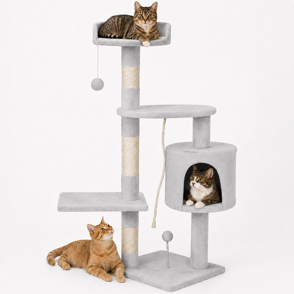 TEMU Bakaji Sisal And Plush Cat Tree With Cat Bed, Scratching Posts, And 3 Platforms, Playground For Cats, Dimensions 112 X 67 X 55 Cm, Light Grey