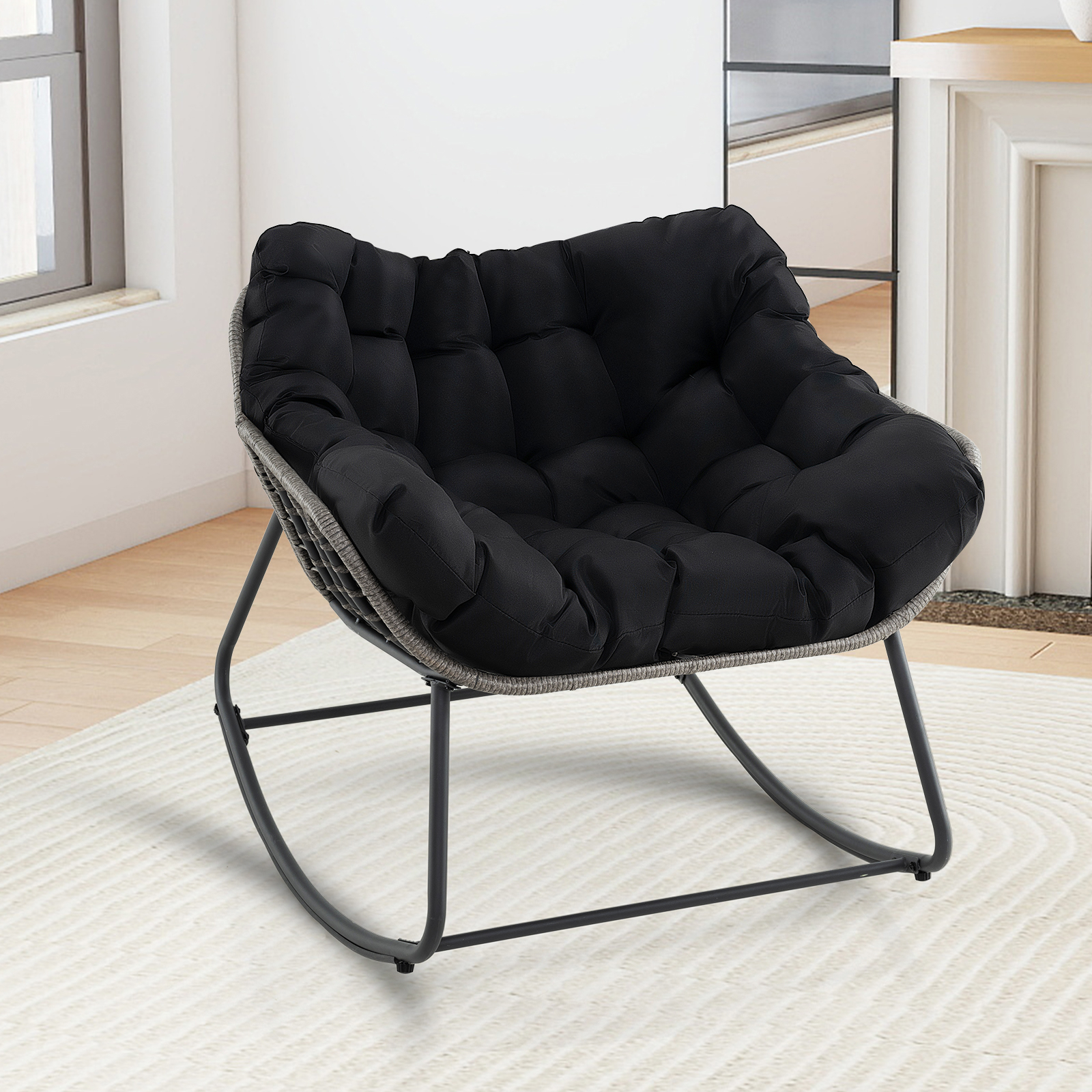 Image of Outdoor Chair, Patio Egg Chair With Thick Cushion And Metal Frame, Indoor Outdoor Papasan Lounge Chair