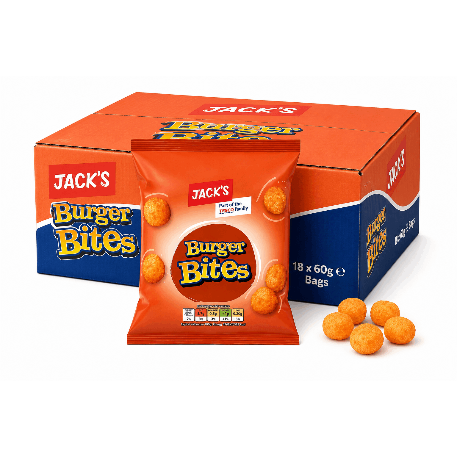 TEMU Jack's Burger Bites Crisps 60g Case Of 18 Bags | Crunchy Corn Snacks | Bulk Sharing Pack | Wholesale Crisps