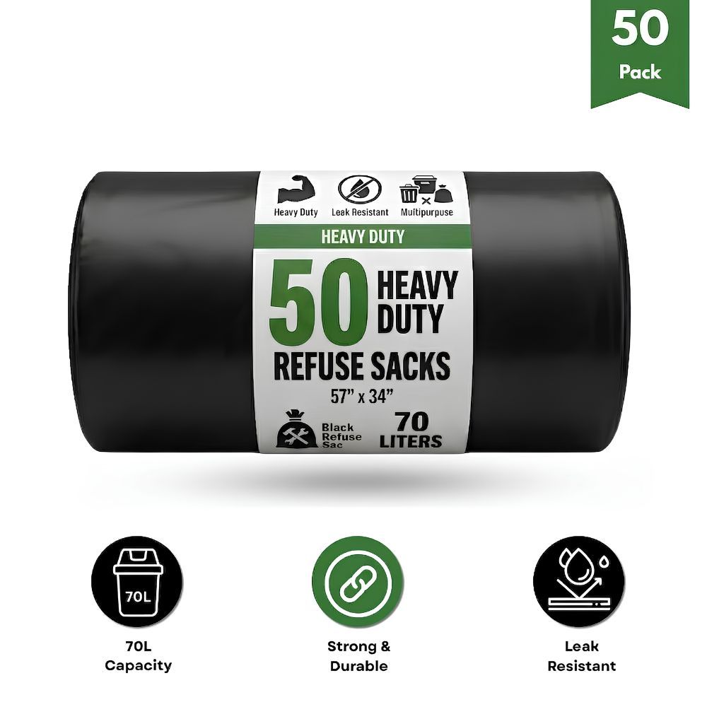TEMU 50 Heavy Duty 70l Black Bin Liners 72 Cm X 85cm Tear Resistant Sacks, Flat Top Bin Bags For Household, Office, Kitchen & Everyday Use