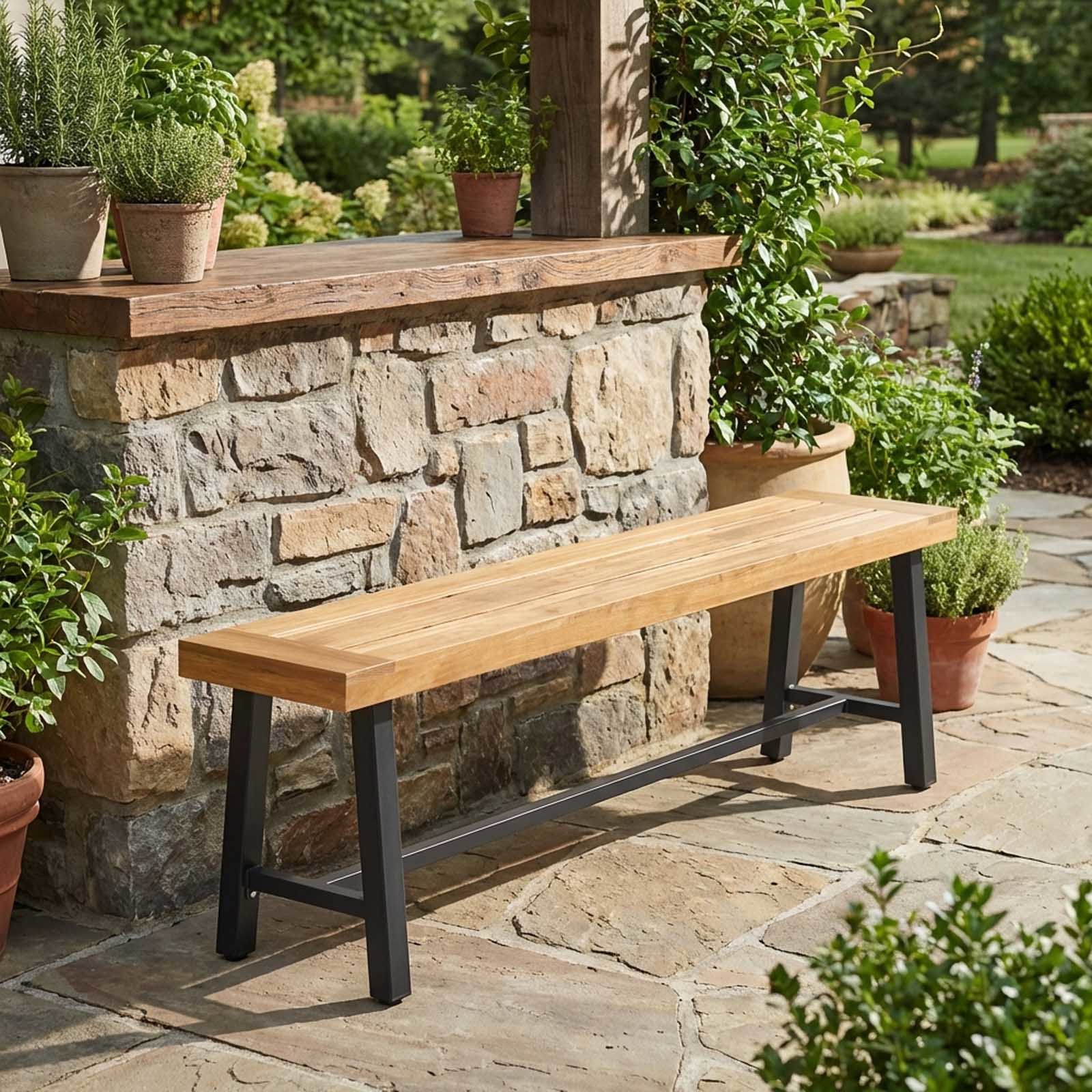 Image of 160 Cm Patio Bench, Acacia Wood Long Dining Bench With Heavy-duty Metal Legs, Outdoor Backless 3-person Chair