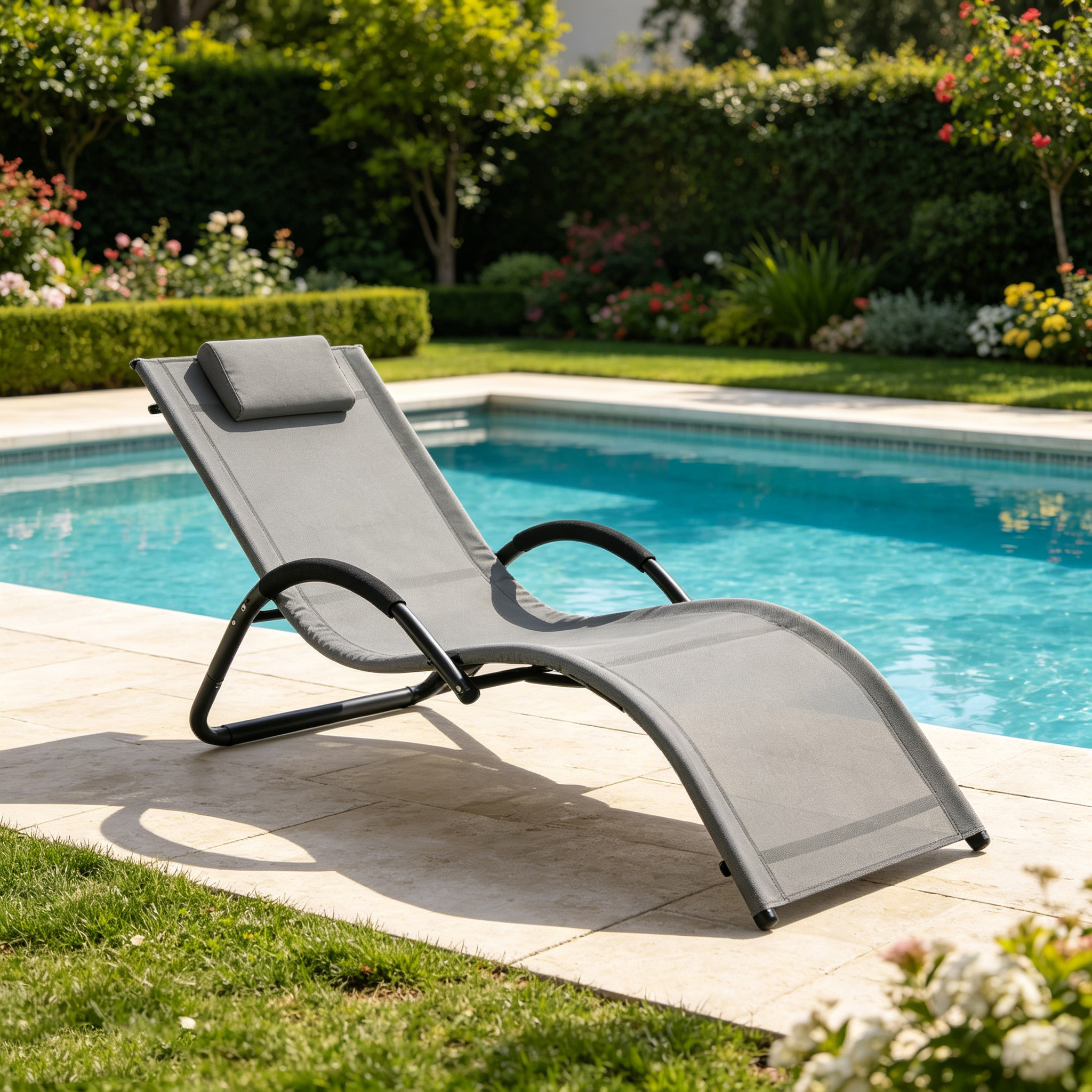 Image of Outdoor Garden Sun Lounger, Ergonomic Rocking Chair With Headrest, Armrests And Metal Frame, Patio Lounge Chair