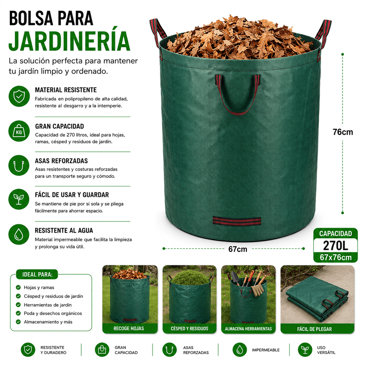 TEMU Bolsa de basura de jardín resistente, bolsa de basura de jardín verde reutilizable con asa, adecuada para recoger residuos de plantas, césped y