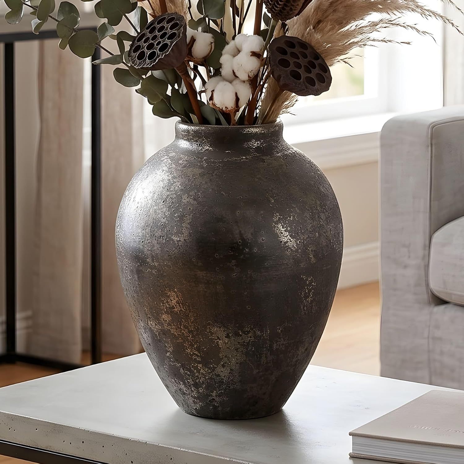 Image of Metallic Vase Made Of Metal, With Antique Golden Finish, 23 Cm High, Vase For Dry Flowers, Flower Vase, Table Vase For Branches & Twigs