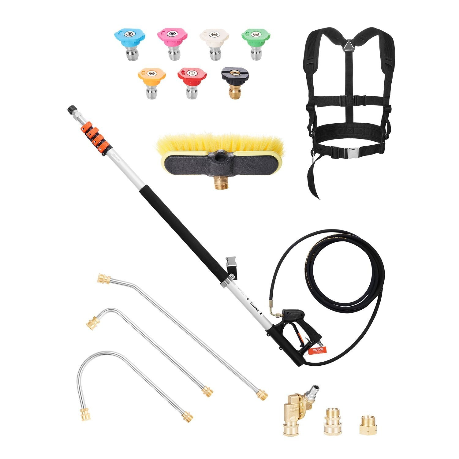 Image of Vevor Pressure Washer Telescoping Wand, 21 Ft, 4000 Psi, Telescopic Spray Wand With Power Washer Extension Wands, Gutter Cleaner, Brush Head, Pivoting Coupler, 7 Spray Nozzles And Support Harness