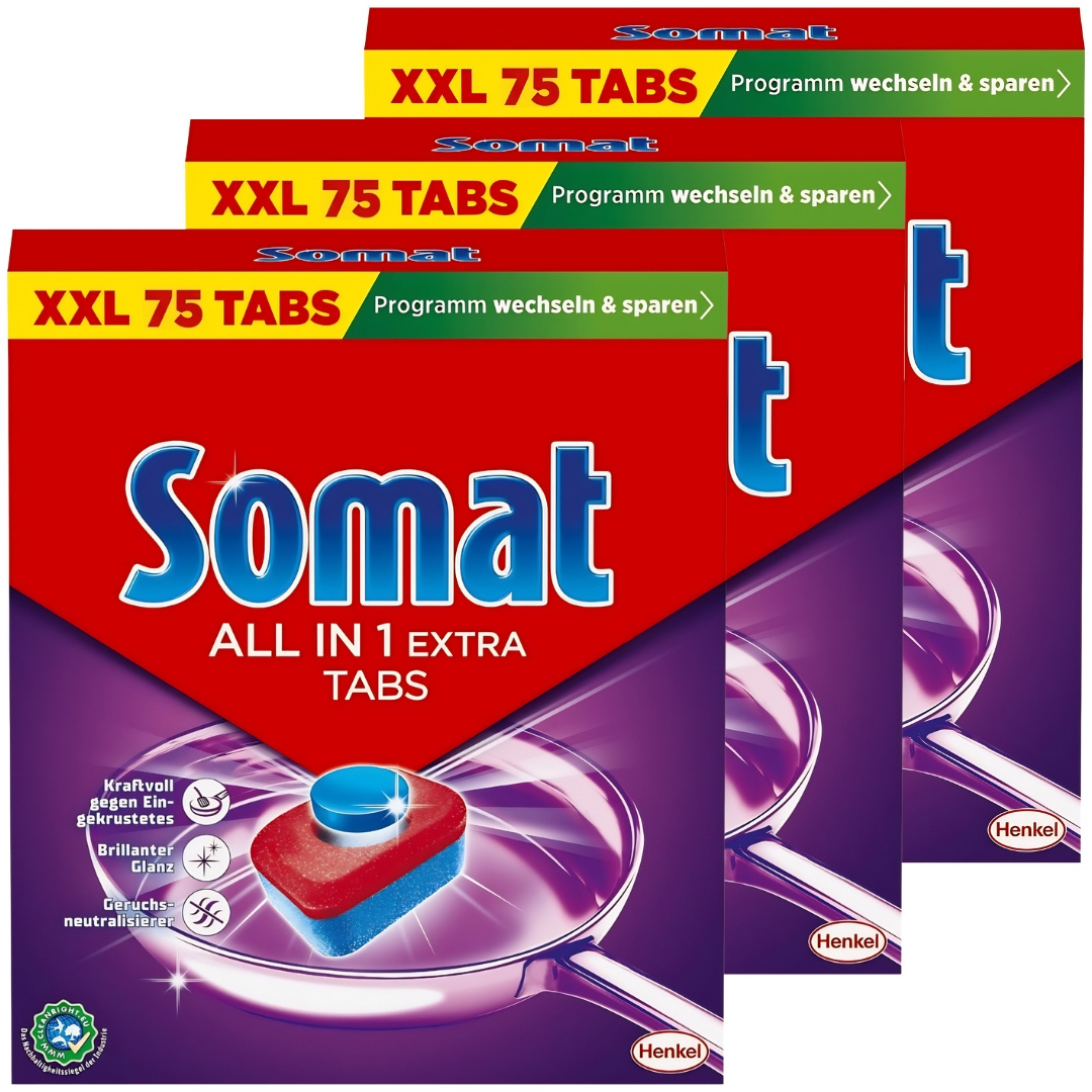 Somat -1 Extra Dishwasher Tablets 3×75 Count – 225 Tablets, Powerful Cleaning, With And Salt Function
