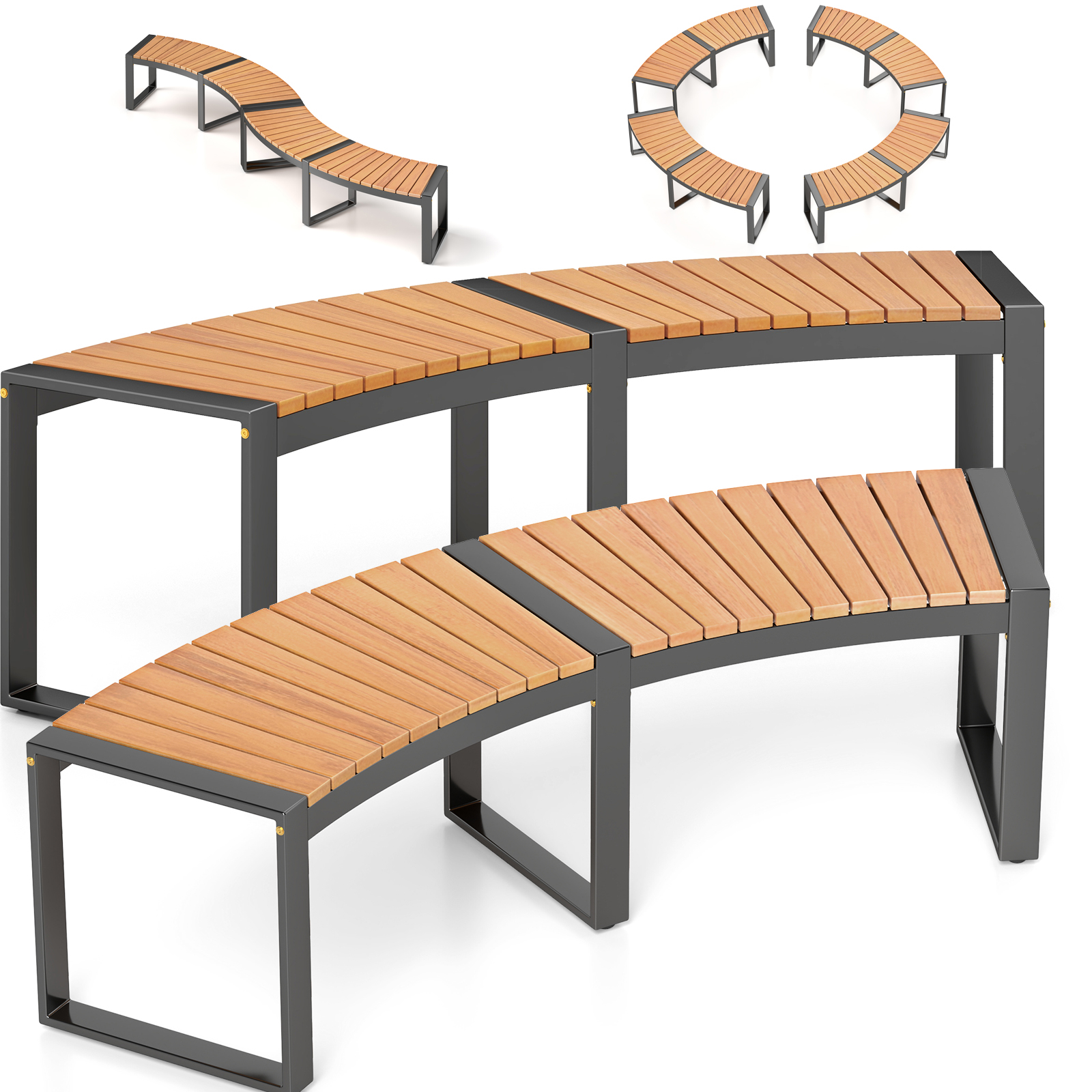 Outdoor Curved Bench, Set Of 2, Acacia Wood Fire Pit Bench With Metal Frame, Backless Loveseat Dining Bench