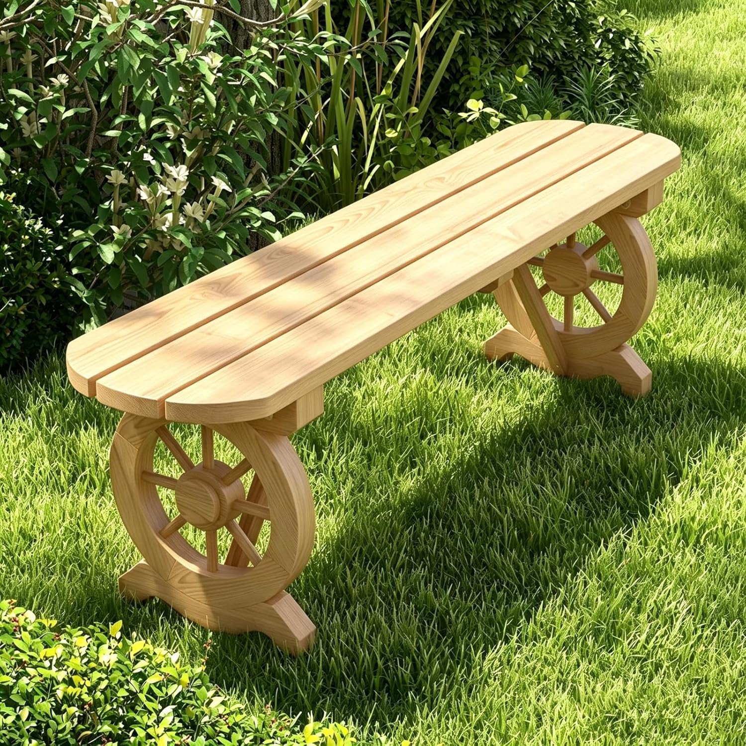 Outdoor Garden Bench For 2 People, Wood Patio Bench With Slatted Seats And Wheel-shaped Base