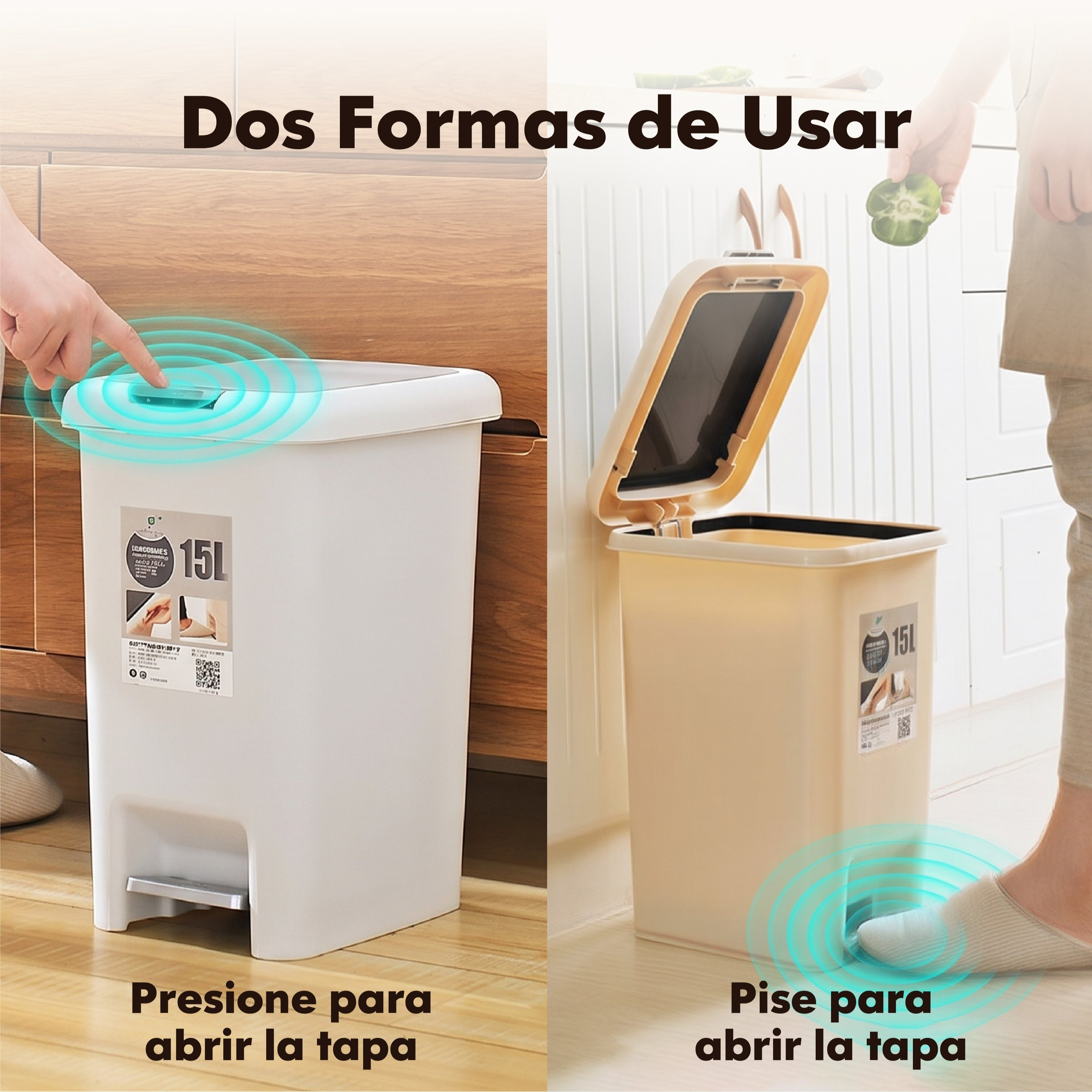   de basura para cocina 15l/20   ,     (pedal y botón), control de olores,   y   de limpiar,   para cocina, baño y salón, negro/ /beige