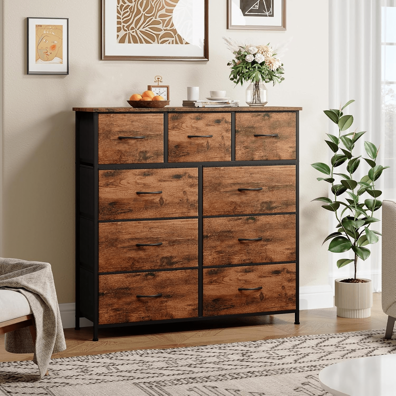 Image of Fabric Drawer Cabinet 9 Drawers, Mdf Top Storage Dresser For Bedroom Hallway Living Room, Ink Black