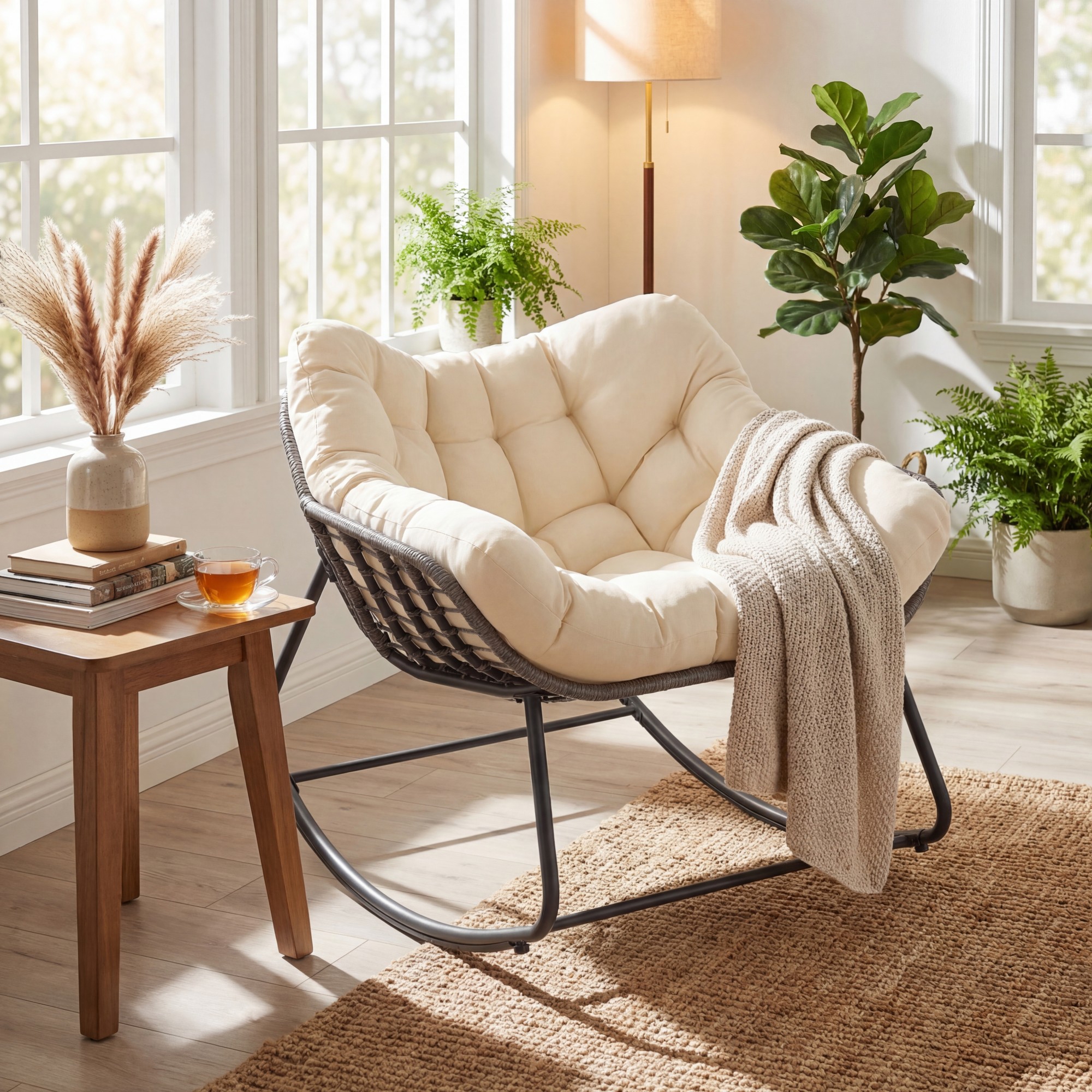 Outdoor Chair, Patio Egg Chair With Thick Cushion And Metal Frame, Indoor Outdoor Papasan Lounge Chair