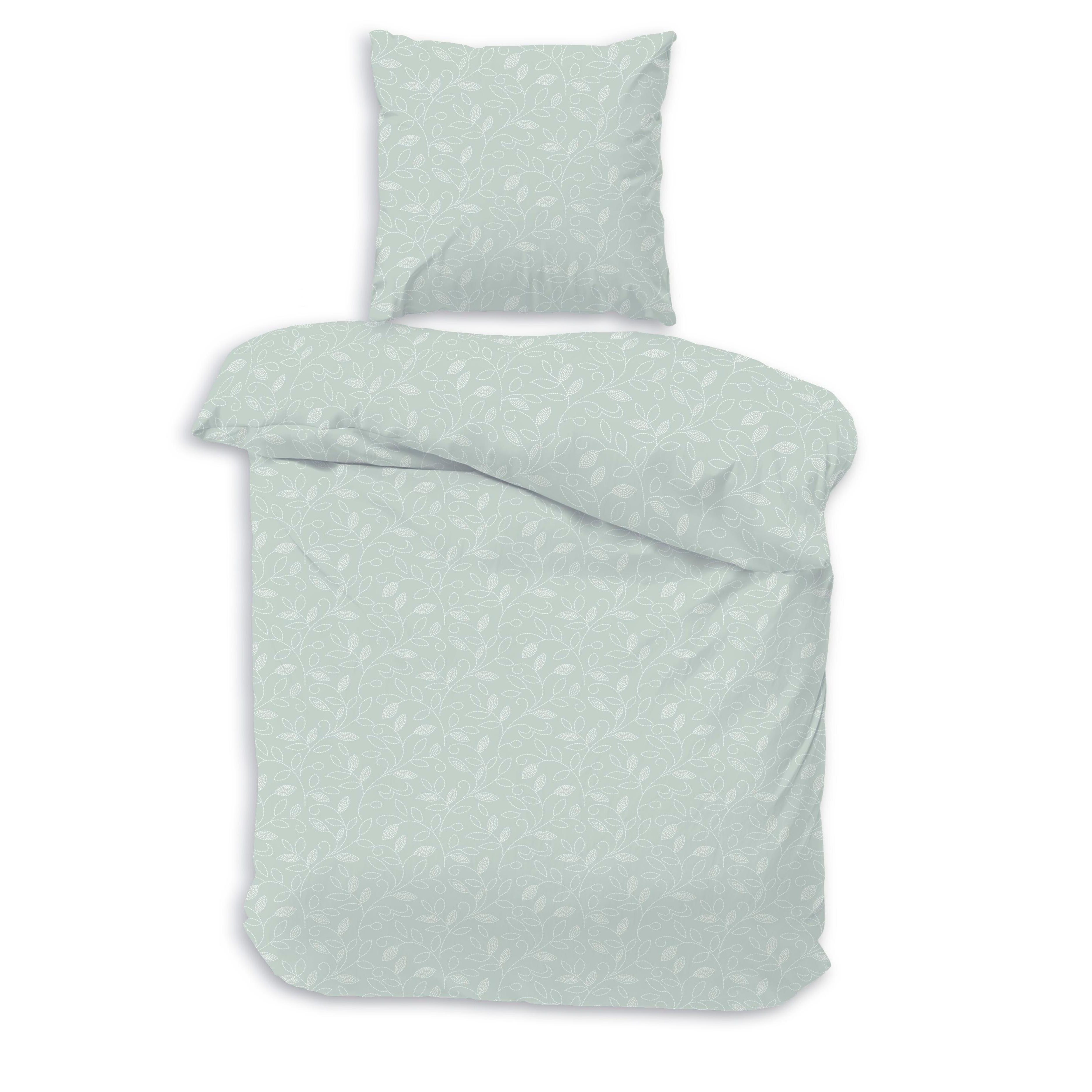 Image of Bed Linen 135x200 Cm - 100% With Leaf Pattern, Sage Green, Zipper, 80x80 Cm Pillowcase, Modern Reversible Bed Linen