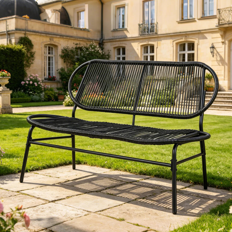 Image of Pe And Metal Bench, 2-seater Outdoor Bench With Ergonomic Backrest, Wide Seat, 118 X 68 X 79 Cm