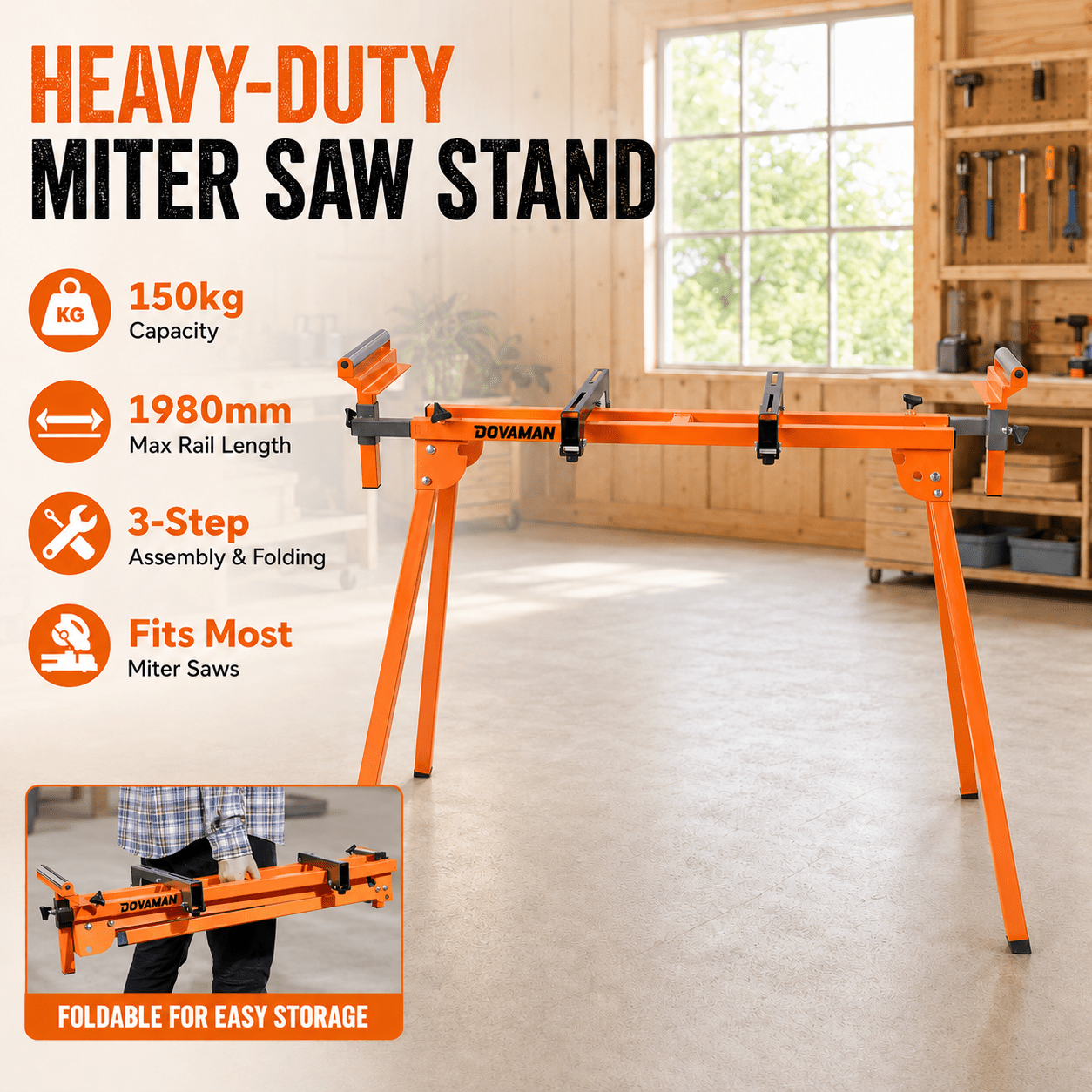Dovaman Heavy-duty Stand – 150kg Capacity, 1980mm Length, Easy Assembly & Folding, Fits Most Miter Saws