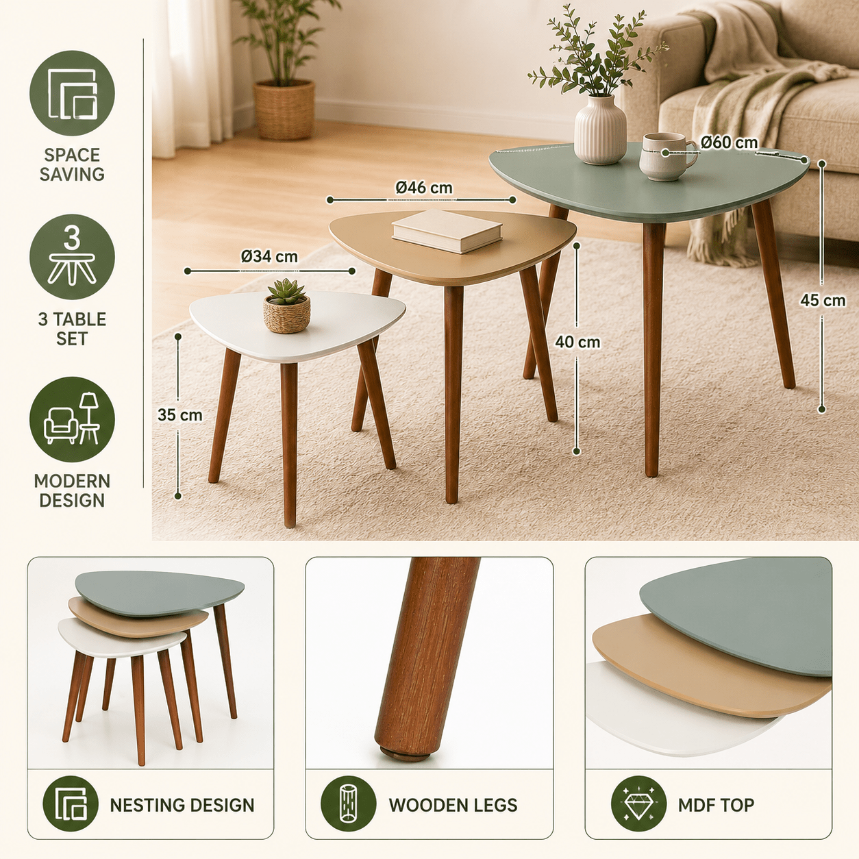 Set Of 3 Modern Nesting Tables In With Wooden Legs, Stackable Coffee Tables For Living Room, Bedroom Or Office, Multicolored
