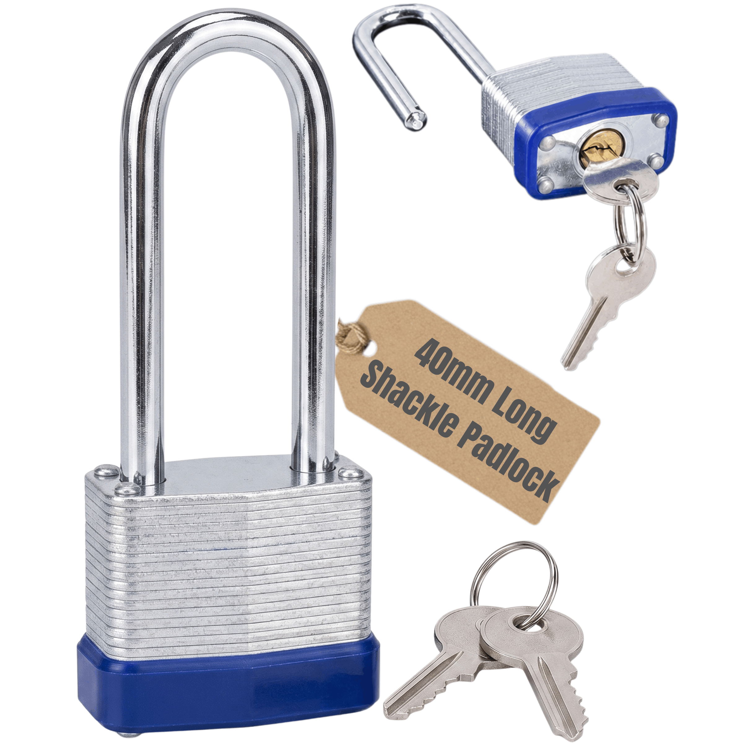 TEMU 40mm Long Shackle Padlock - Heavy Duty Laminated Steel Security Lock For Outdoor - Weatherproof Padlock For Gates, Sheds & Lockers - Lock