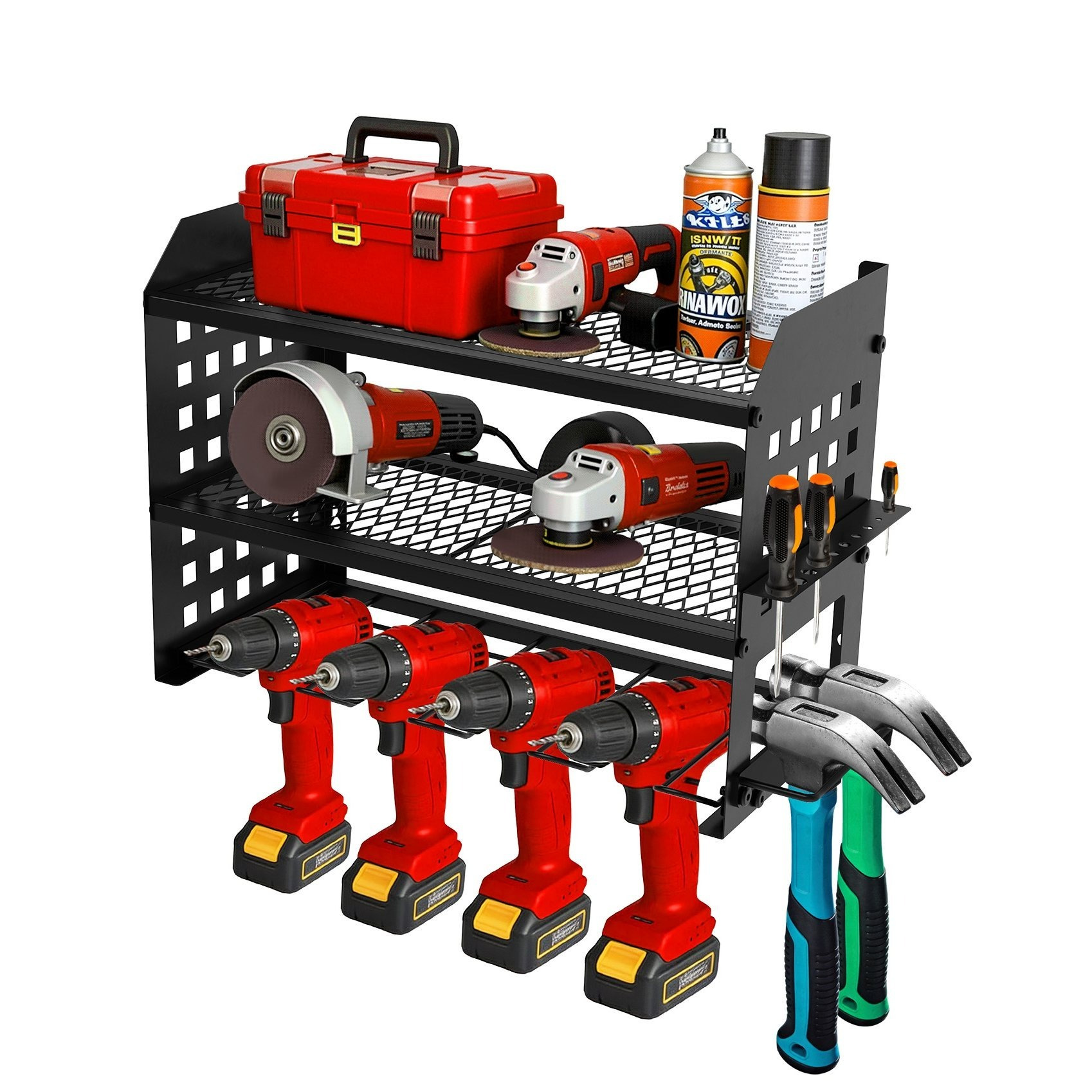 3-tier Tool Holder With Hooks For Garage, Workshop, Basement