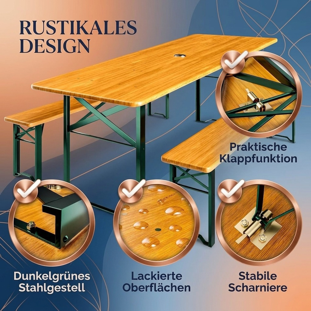 Image of Beer Tent Set 170cm Foldable Stable 3-part 2x Beer Bench 1x Wide Table Wooden Beer Table Set Festival Tent Set Beer Garden Set
