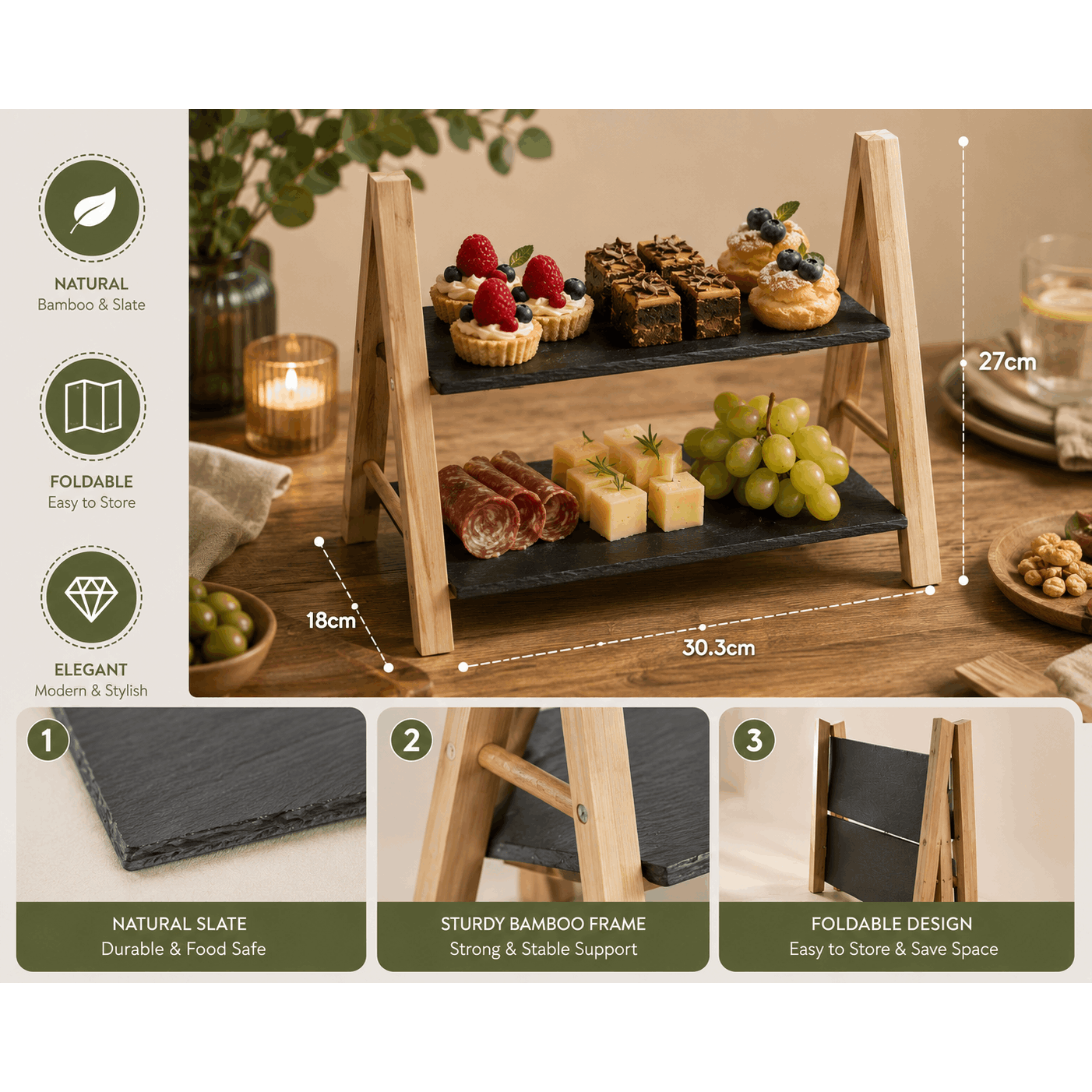 2-tier Foldable Slate And Bamboo Cake Stand – Dessert, Cheese, Fruit, And Appetizer Display – 32.5 X 18 X 27 Cm