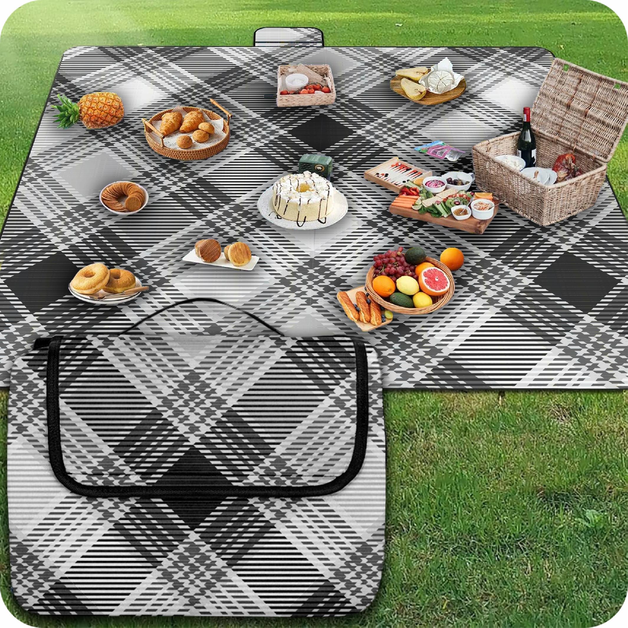 Image of Xxl Beach Blanket Picnic Blanket 200x200 Cm Krumad, Waterproof Outdoor Blanket With Aluminum Insulation, Foldable With Carrying Handle, Black-gray Checkered Pattern