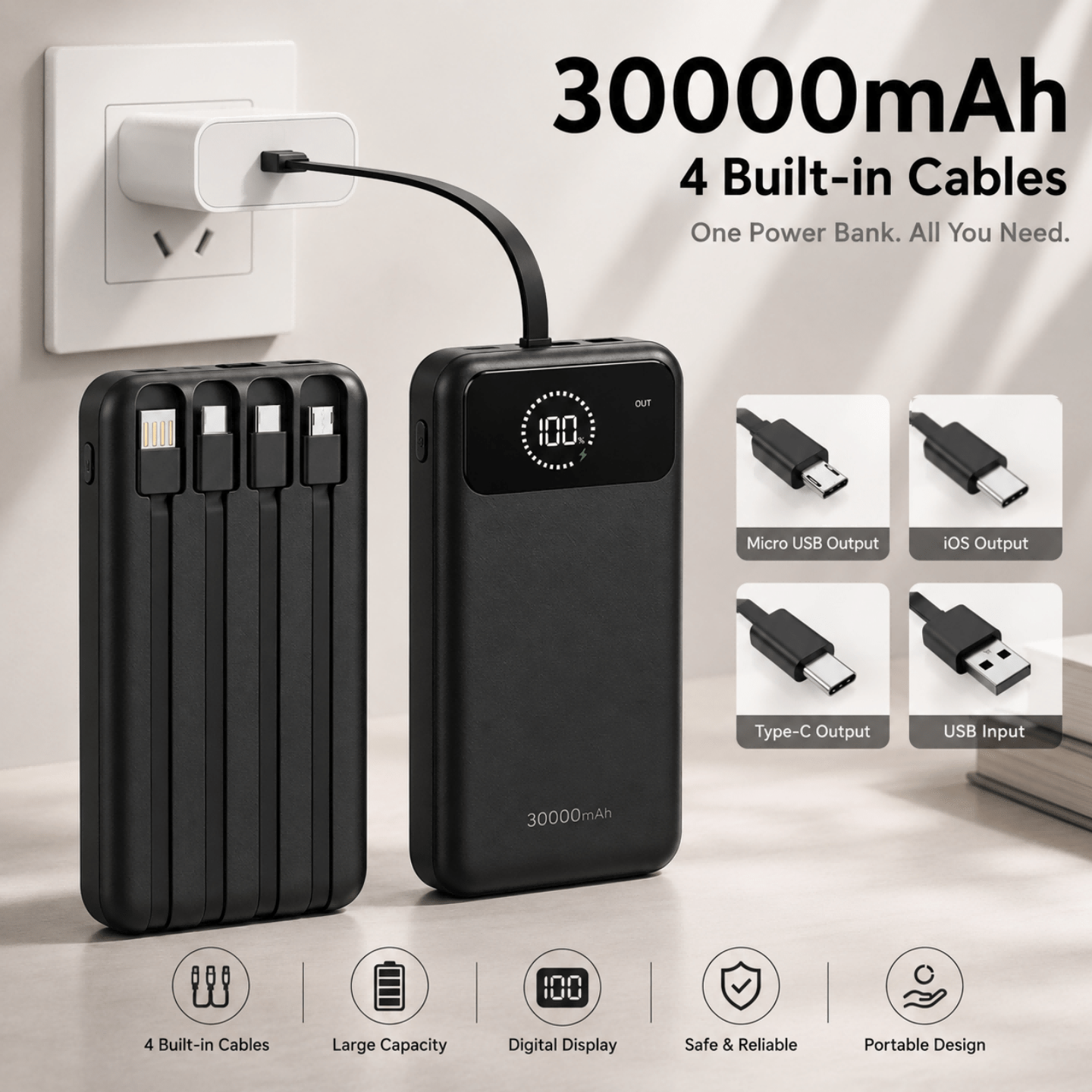 4 in 1 30000mah large capacity portable power bank portable usb charger led   display screen suitable for ios   devices usb fans portable   friendly