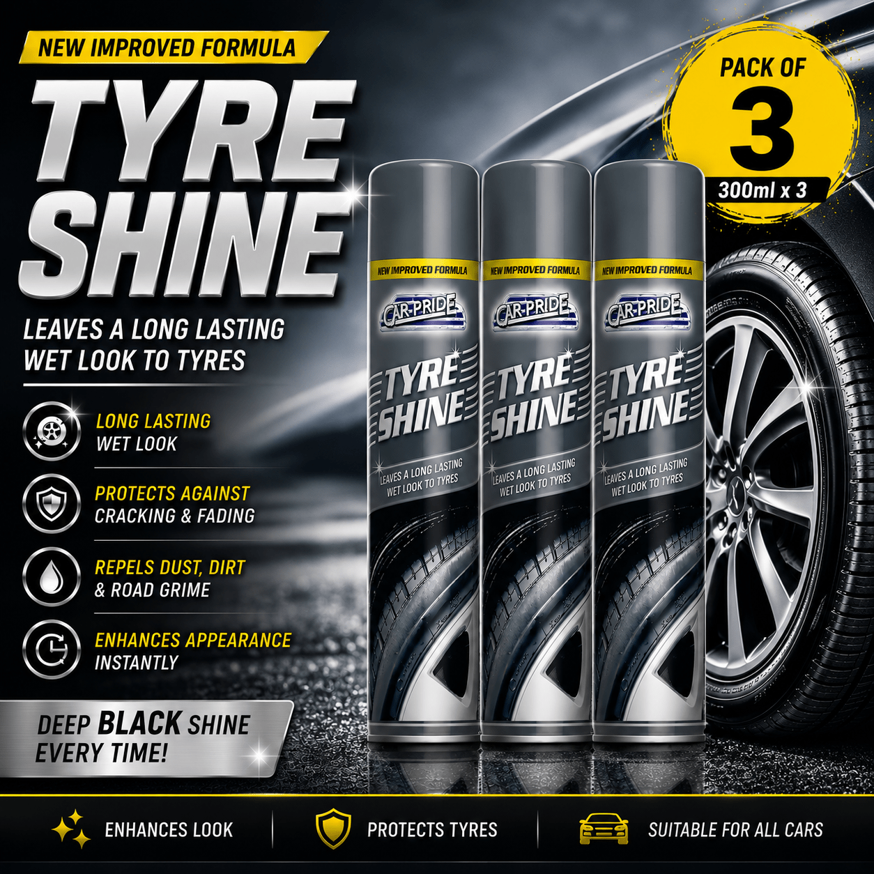 TEMU 3 Pack Car-pride Tyre Shine 300ml High Gloss Tyre Dressing For Finish & Long Lasting Shine Car Exterior Care & Detailing Solution