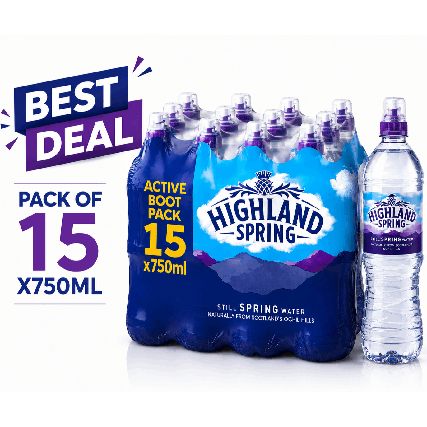 TEMU Highland Spring Sport Cap Natural Spring Water 750ml Bottles – Pack Of 15, Refreshing Hydration, Convenient Sports Cap Design
