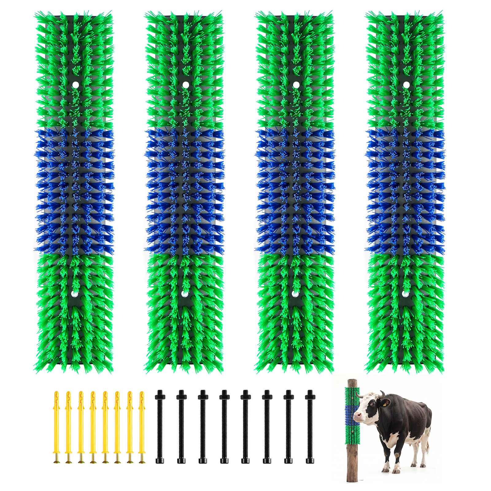 Image of Vevor Livestock Scratching Brush, 4pcs Goat Scratcher Brush Post With 16 Screws, " X 3.9" Cow Scratcher For Back Relief, Massage Grooming Scratch Tool For Horse Cattle Sheep Pig, Green & Blue