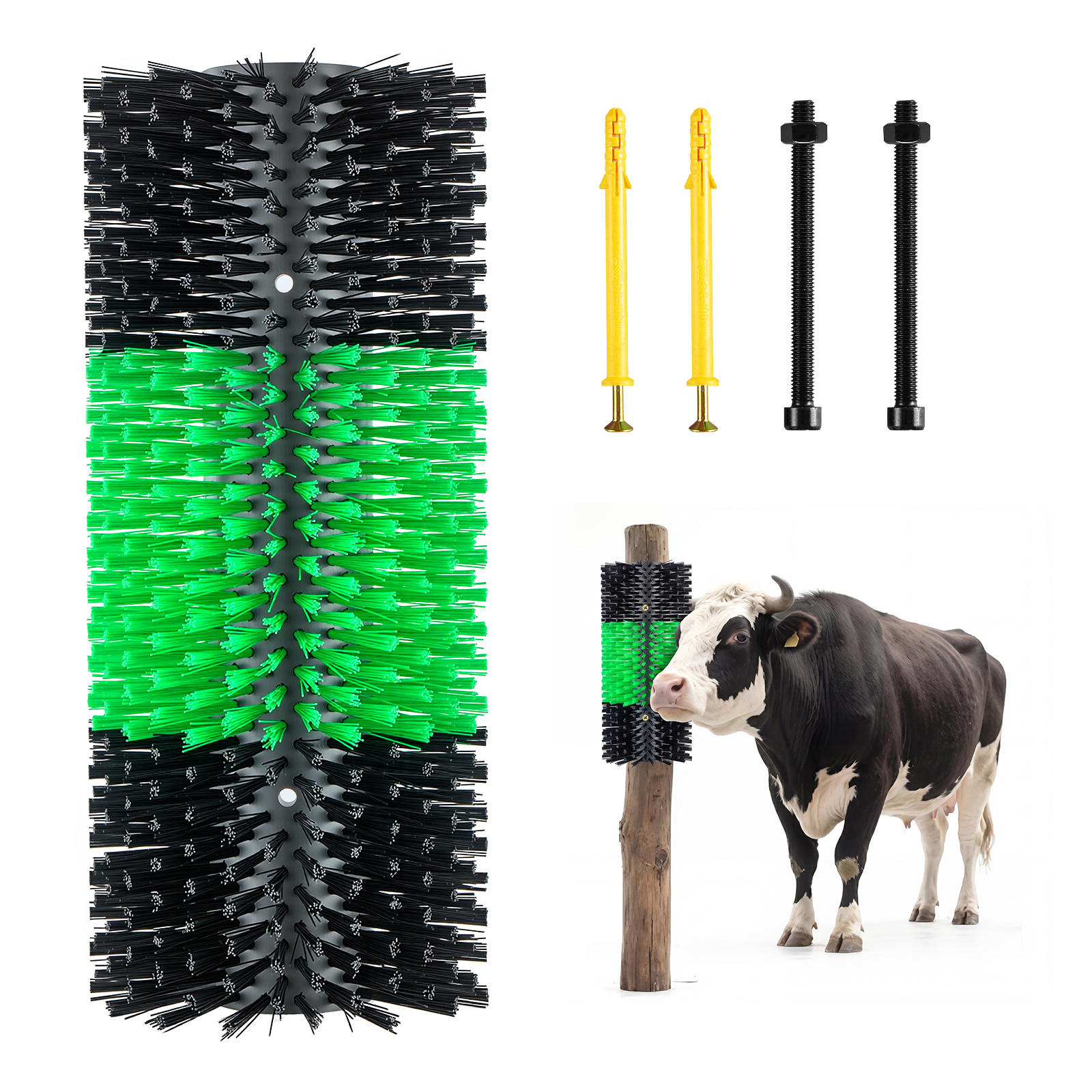 Image of Vevor Livestock Scratching Brush, 1pc Goat Scratcher Brush Post With 4 Screws, " X 7.5" Cow Scratcher For Back Relief, Massage Grooming Scratch Tool For Horse Cattle Sheep Pig, Green & Black