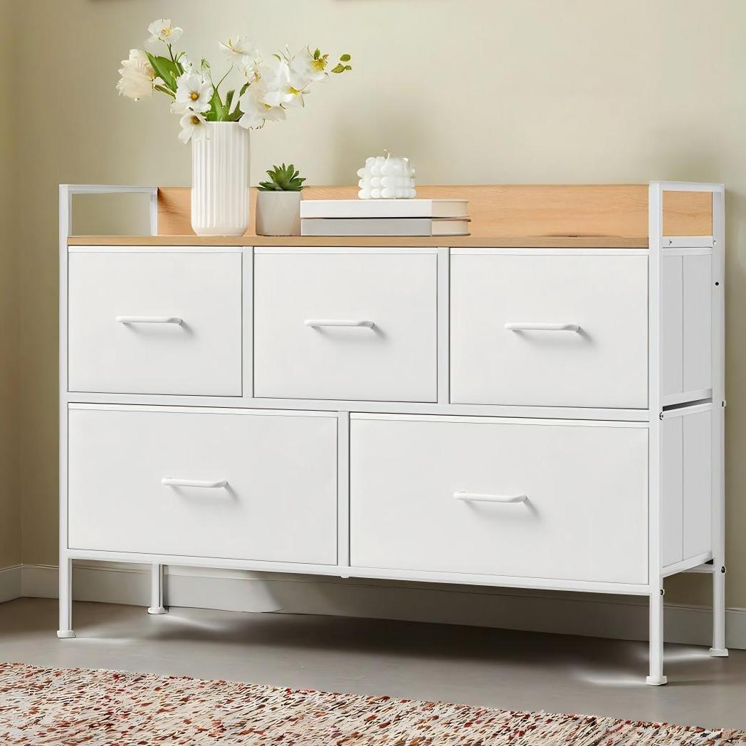 TEMU Narrow Storage Cabinet With A Wrought , Dimensions 98.2 Cm Width, 29 Cm Depth, 70 Cm Height. Equipped With 5 Fabric Drawers Including Handles,