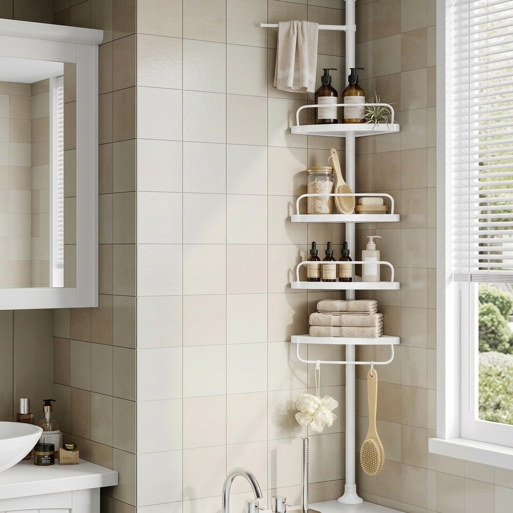 Shower Shelf, Corner Shelf Bathroom, With 4 Shelves, Bathroom Shelf, Total Height 85-305 Cm, Height Adjustable, Bathroom Shelf